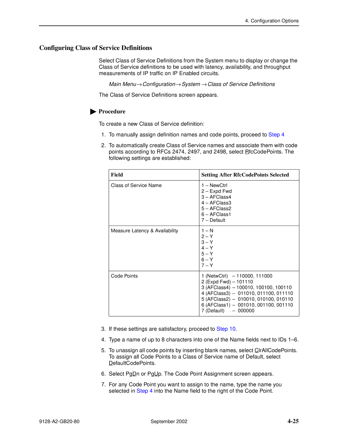 Paradyne 9126-II, CSU, DSU, 9128-II Configuring Class of Service Definitions, Field Setting After RfcCodePoints Selected 