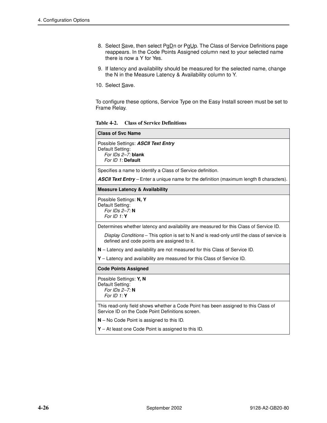 Paradyne 9128-II Class of Service Definitions, Class of Svc Name, Measure Latency & Availability, Code Points Assigned 