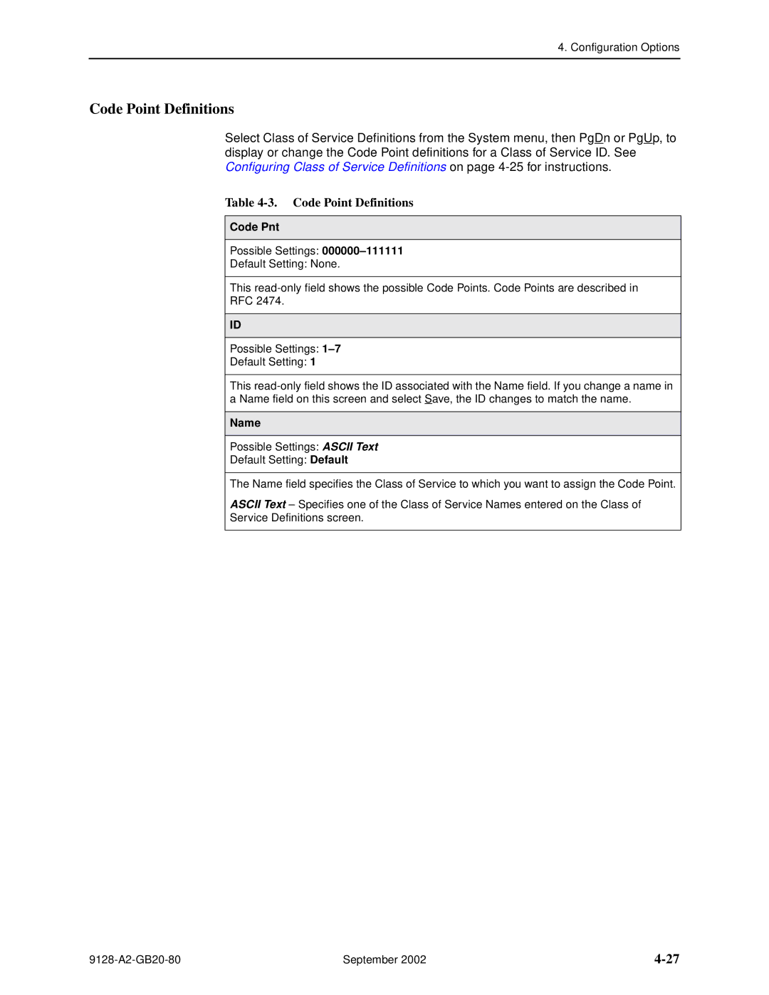 Paradyne CSU, DSU, 9126-II, 9128-II manual Code Point Definitions, Code Pnt, Name 