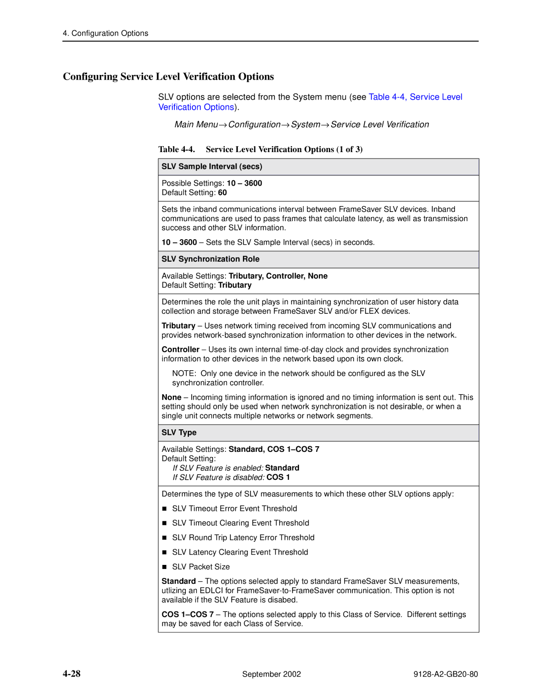 Paradyne CSU, DSU, 9126-II, 9128-II Configuring Service Level Verification Options, Service Level Verification Options 1 