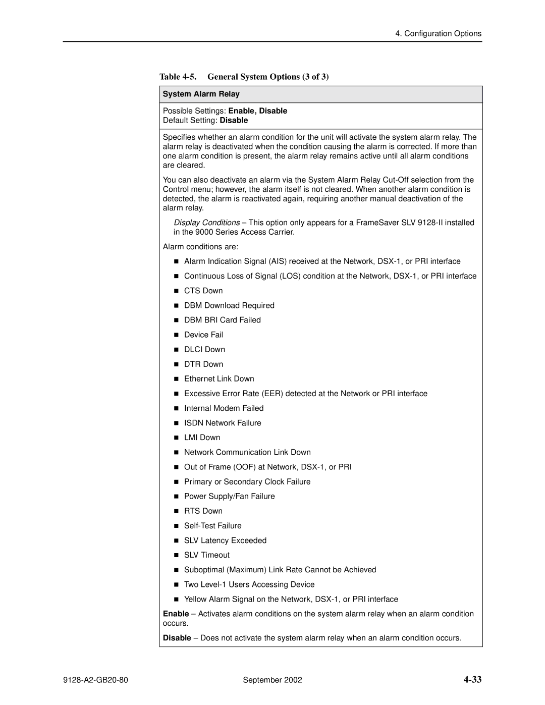 Paradyne 9126-II, CSU, DSU, 9128-II manual General System Options 3, System Alarm Relay 