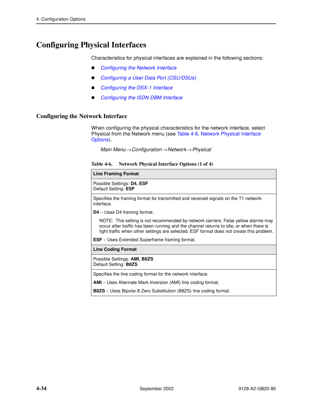 Paradyne 9128-II Configuring Physical Interfaces, Configuring the Network Interface, Network Physical Interface Options 1 