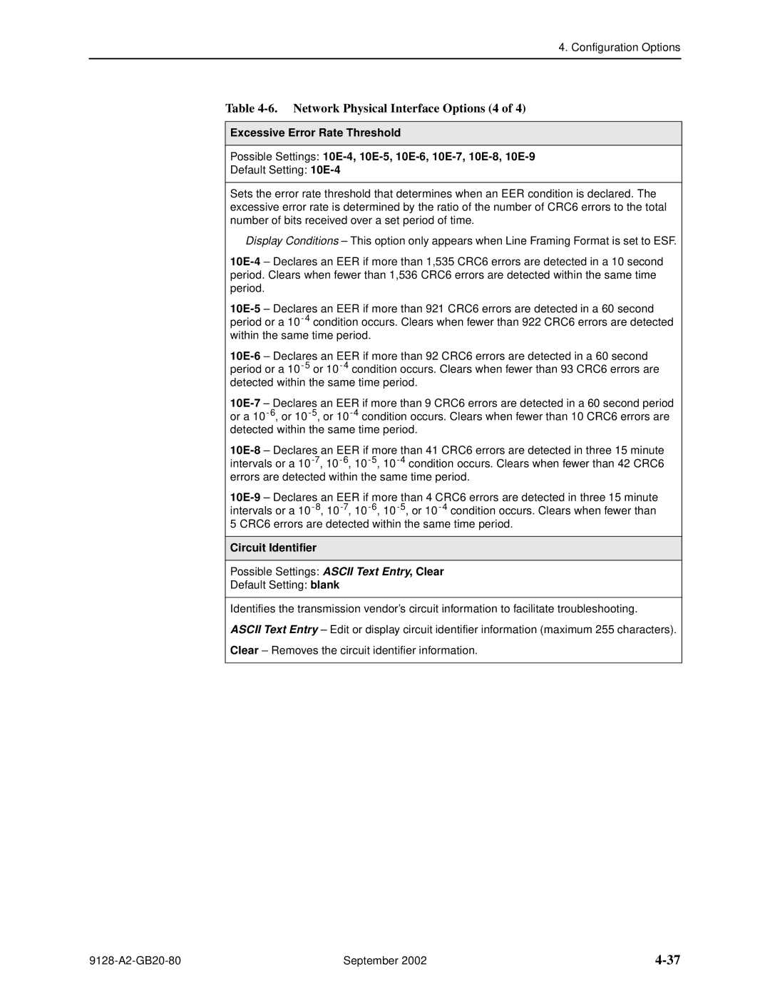 Paradyne 9126-II, CSU, DSU, 9128-II manual Network Physical Interface Options 4, Circuit Identifier 