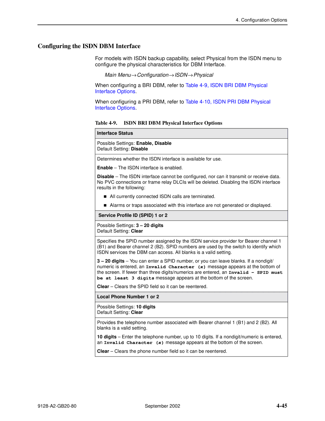 Paradyne 9126-II Configuring the Isdn DBM Interface, Isdn BRI DBM Physical Interface Options, Service Profile ID Spid 1 or 