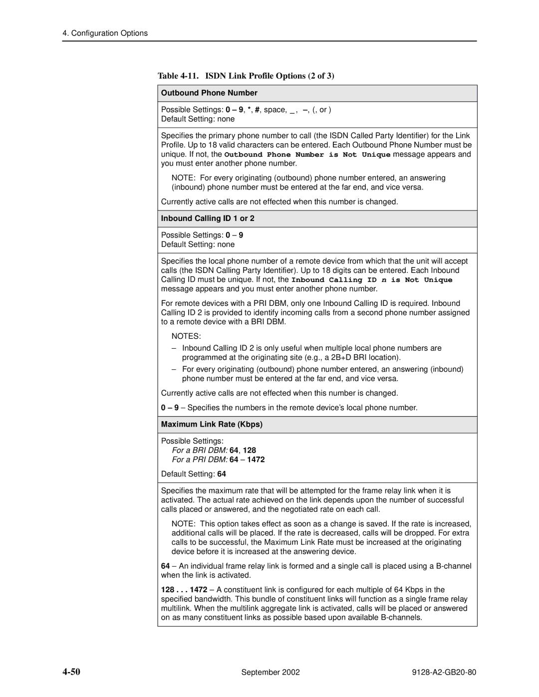 Paradyne 9128-II, 9126 Isdn Link Profile Options 2, Outbound Phone Number, Inbound Calling ID 1 or, Maximum Link Rate Kbps 