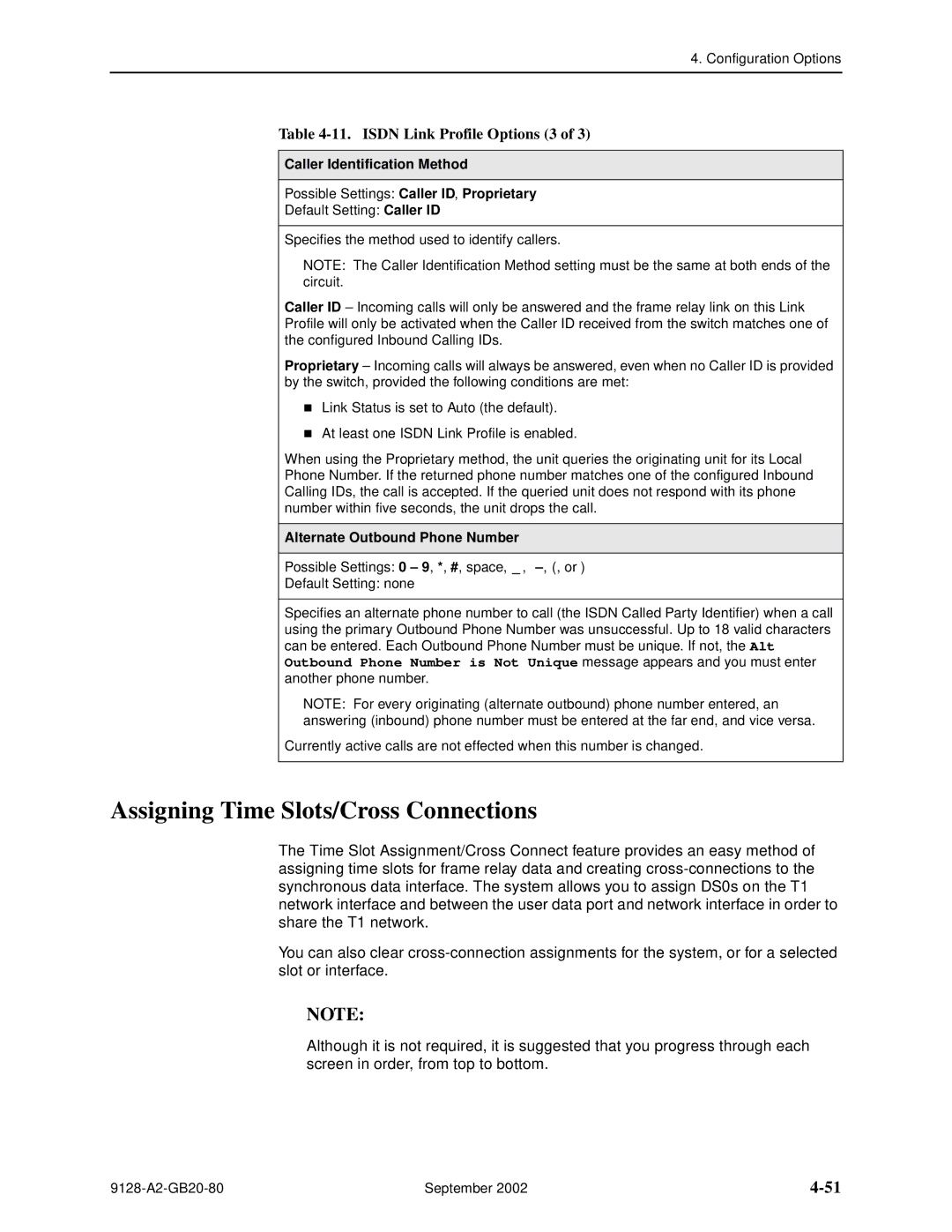 Paradyne 9126, CSU, DSU Assigning Time Slots/Cross Connections, Isdn Link Profile Options 3, Caller Identification Method 