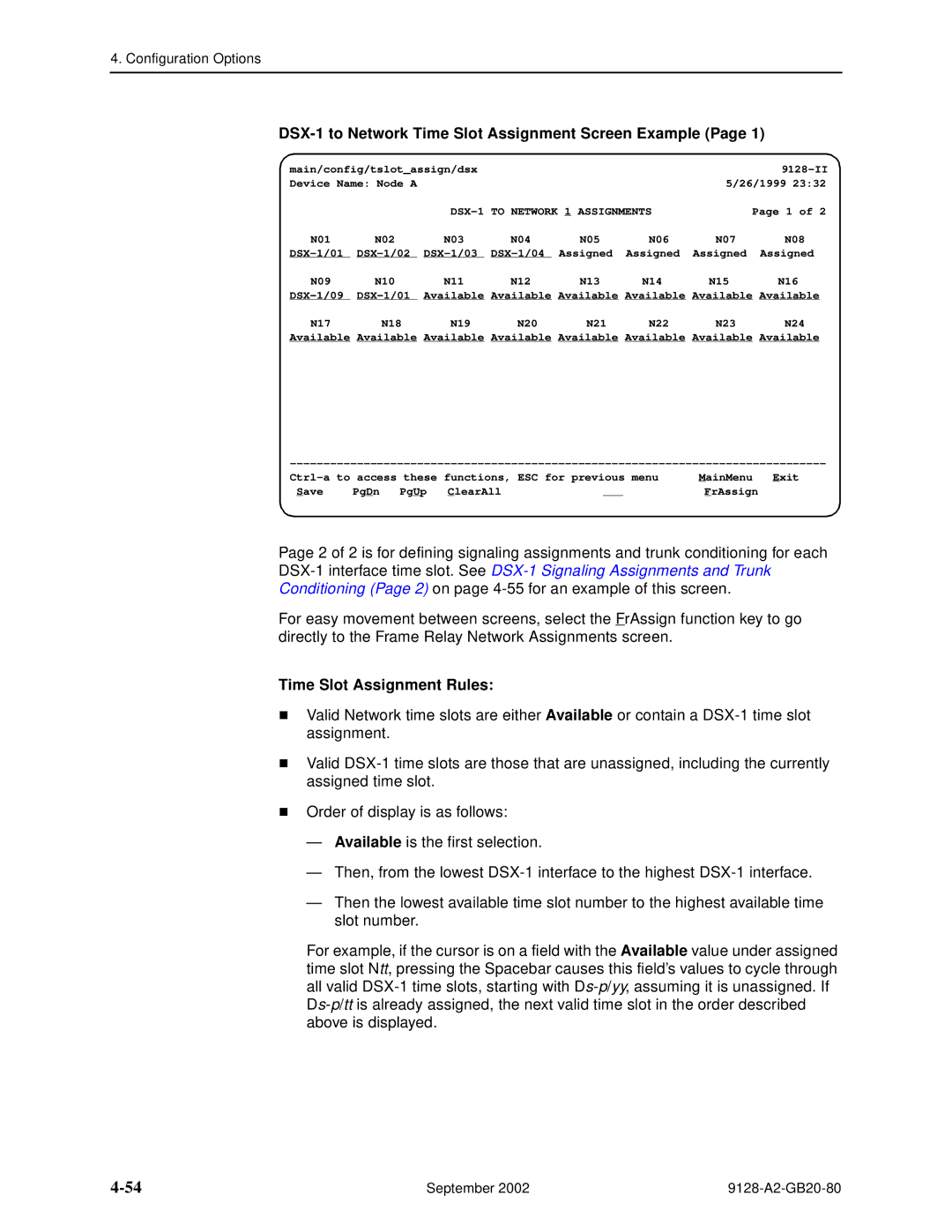 Paradyne 9128-II, CSU, DSU, 9126-II manual DSX-1 to Network Time Slot Assignment Screen Example, Ime Slot Assignment Rules 