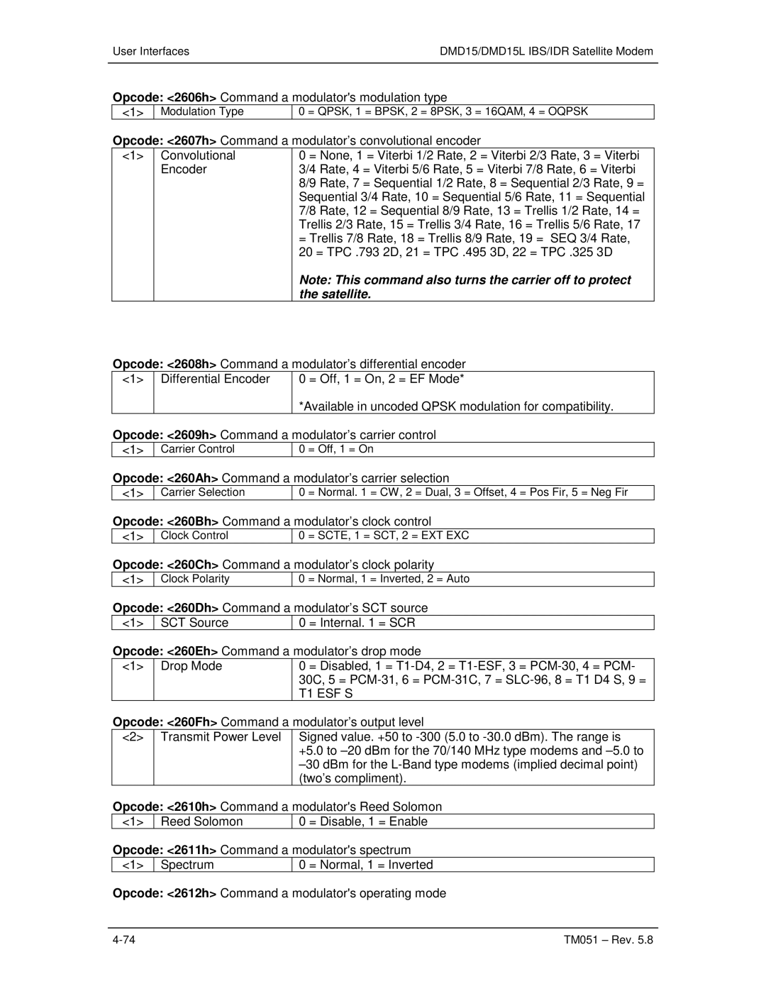 Paradyne DMD15L operation manual Opcode 2606h Command a modulators modulation type 