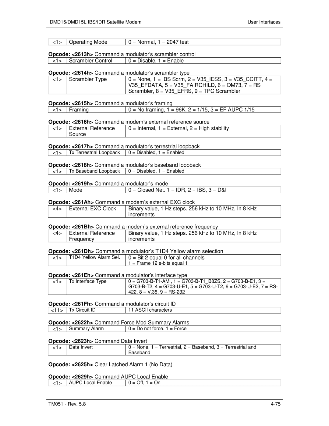 Paradyne DMD15L operation manual Opcode 2618h Command a modulators baseband loopback 