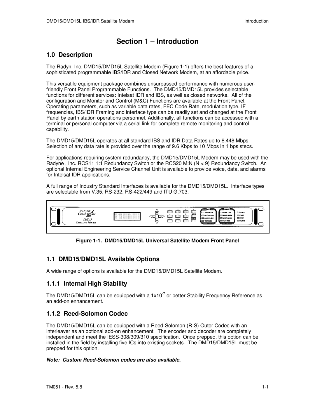 Paradyne operation manual Description, DMD15/DMD15L Available Options, Internal High Stability, Reed-Solomon Codec 