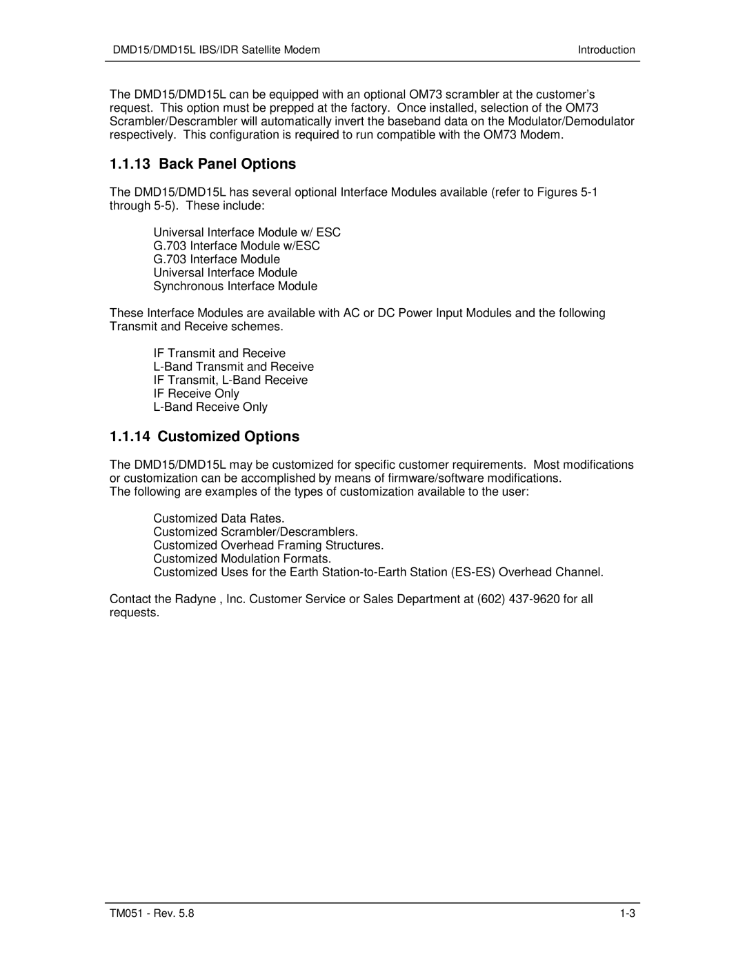 Paradyne DMD15L operation manual Back Panel Options, Customized Options 