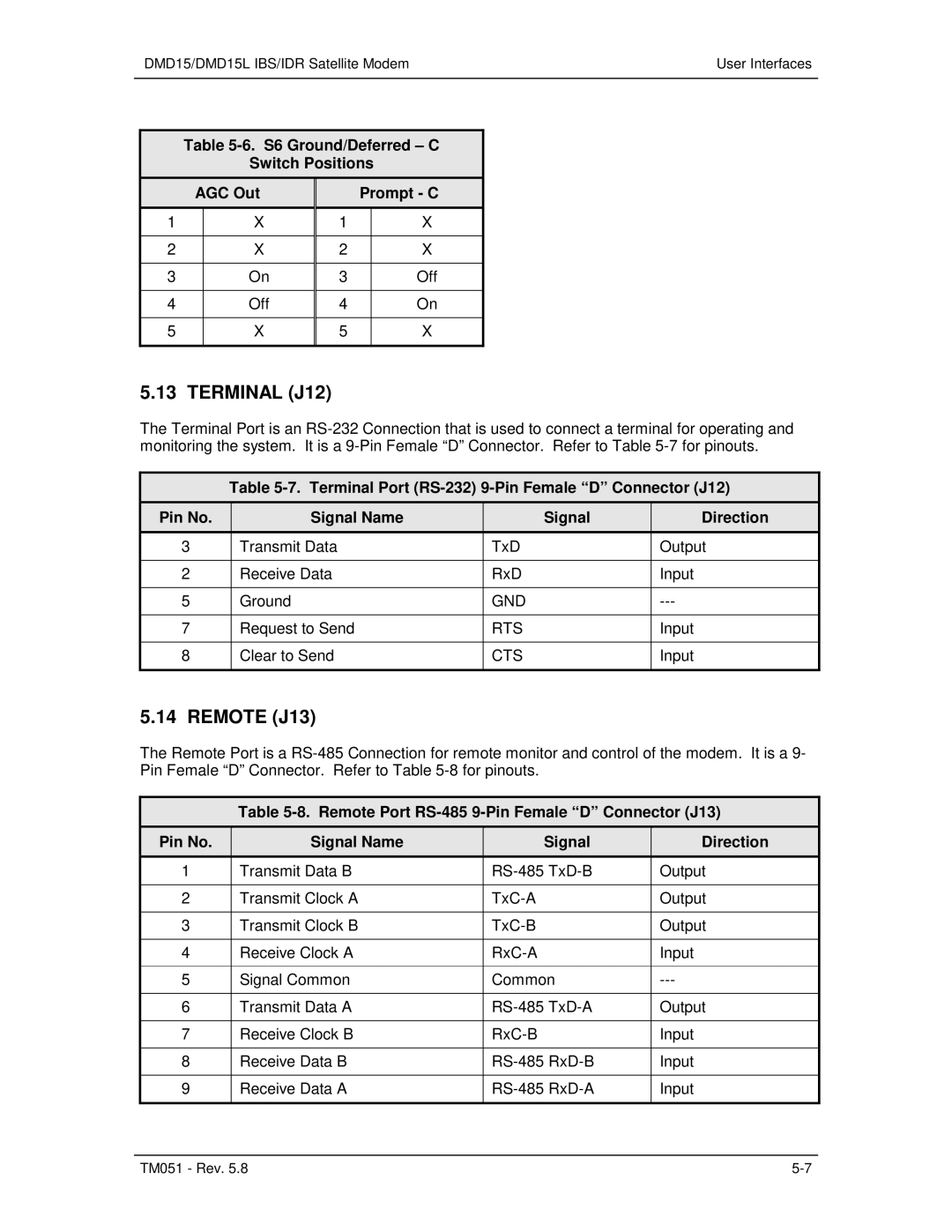 Paradyne DMD15L operation manual Terminal J12, Remote J13, S6 Ground/Deferred C Switch Positions AGC Out 