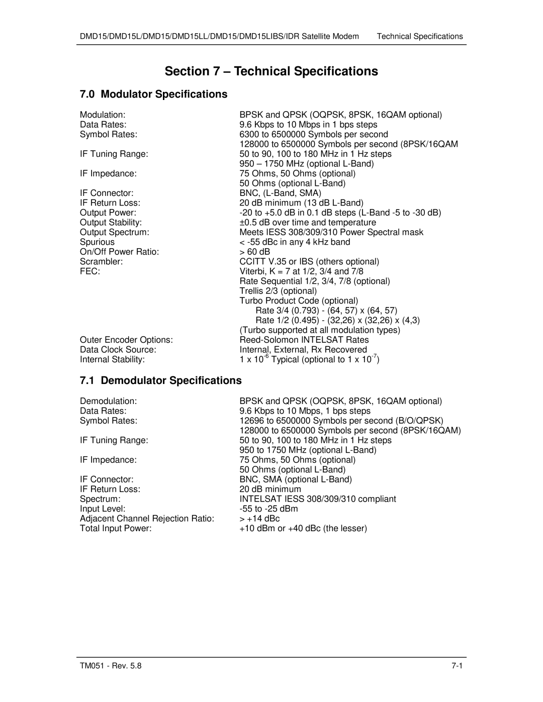 Paradyne DMD15L operation manual Modulator Specifications, Demodulator Specifications, Fec 