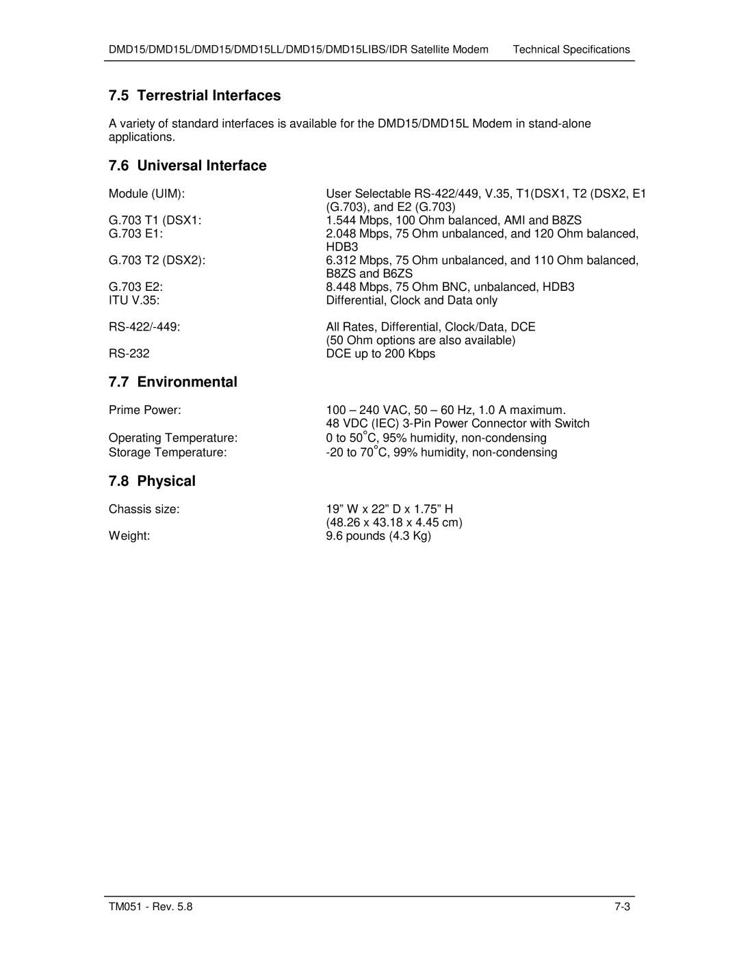 Paradyne DMD15L operation manual Terrestrial Interfaces, Universal Interface, Environmental, Physical, HDB3 