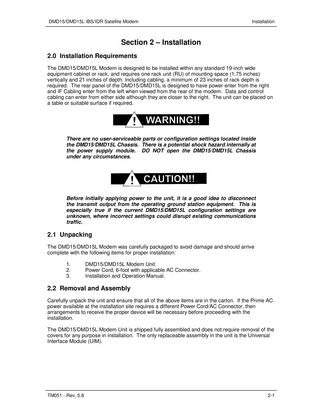 Paradyne DMD15L operation manual Installation Requirements, Unpacking, Removal and Assembly 