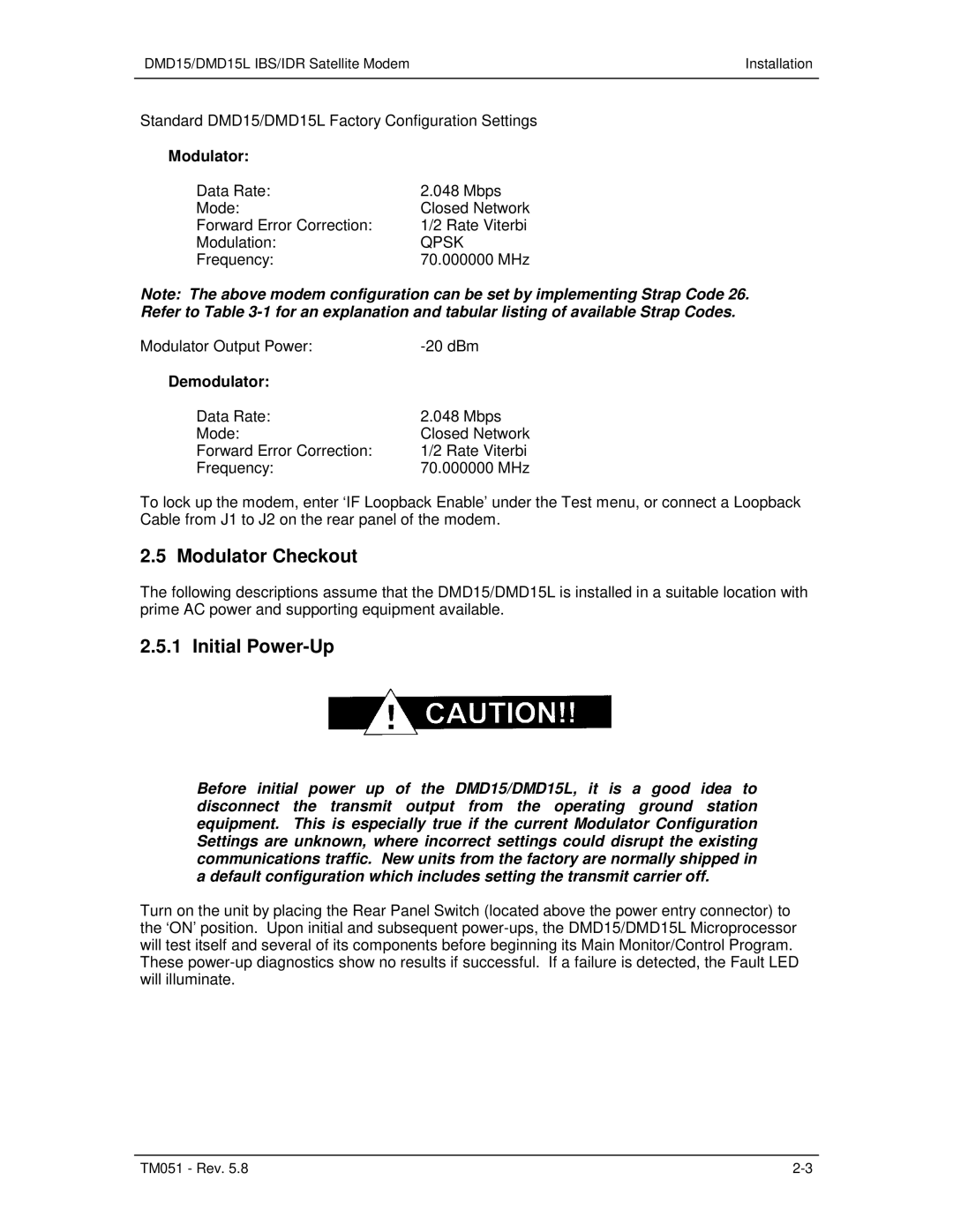 Paradyne DMD15L operation manual Modulator Checkout, Initial Power-Up, Qpsk, Demodulator 