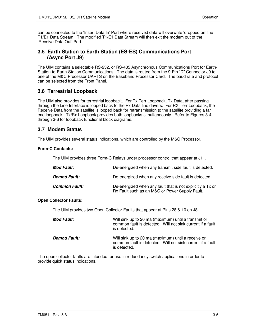 Paradyne DMD15L operation manual Terrestrial Loopback, Modem Status, Form-C Contacts, Open Collector Faults 