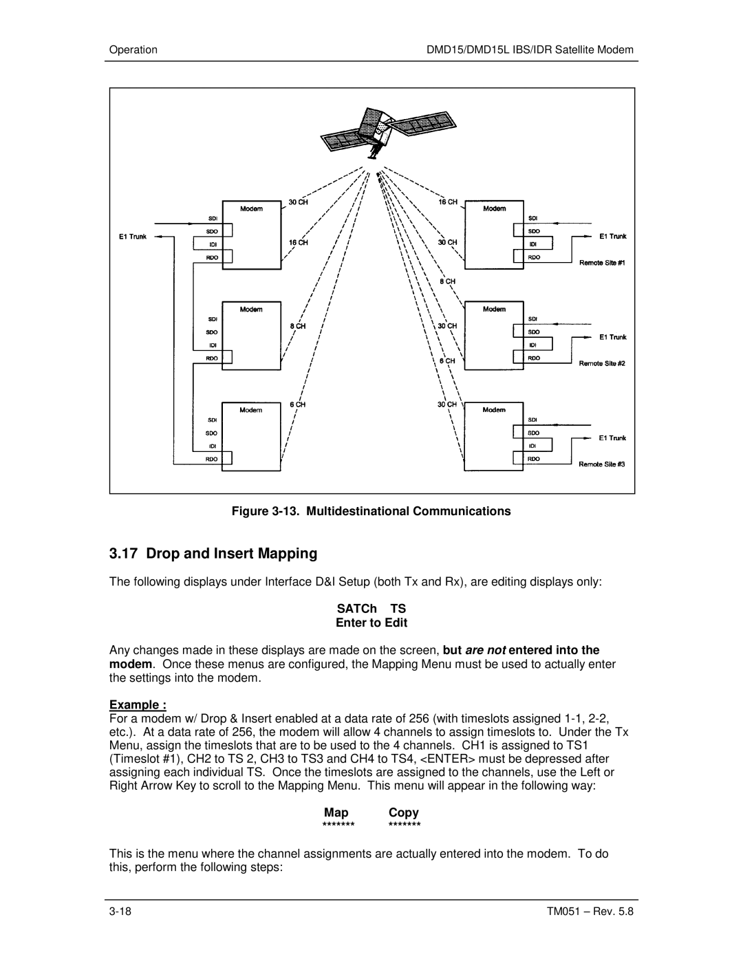 Paradyne DMD15L operation manual Drop and Insert Mapping, SATCh TS Enter to Edit, Example, Map Copy 