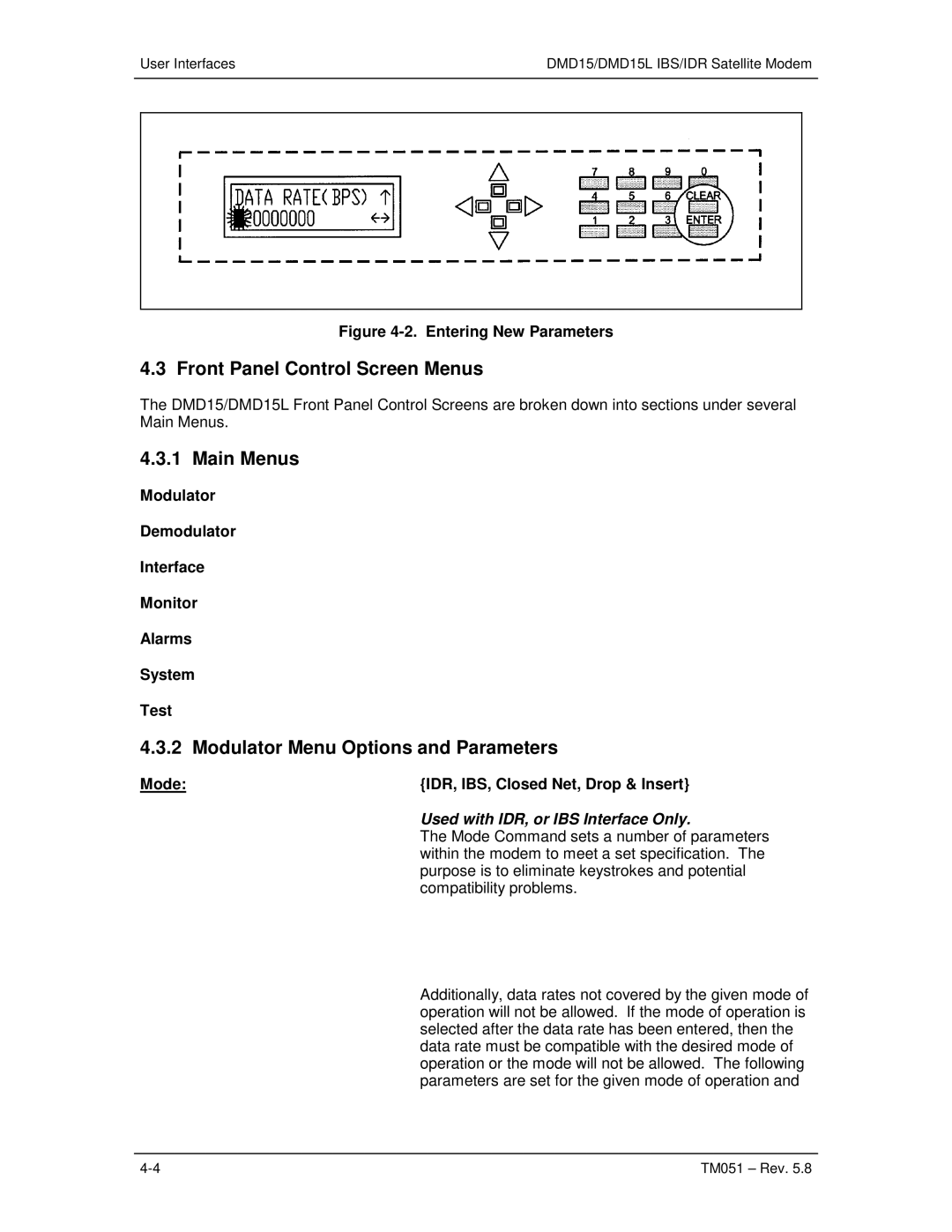 Paradyne DMD15L operation manual Front Panel Control Screen Menus, Main Menus, Modulator Menu Options and Parameters 