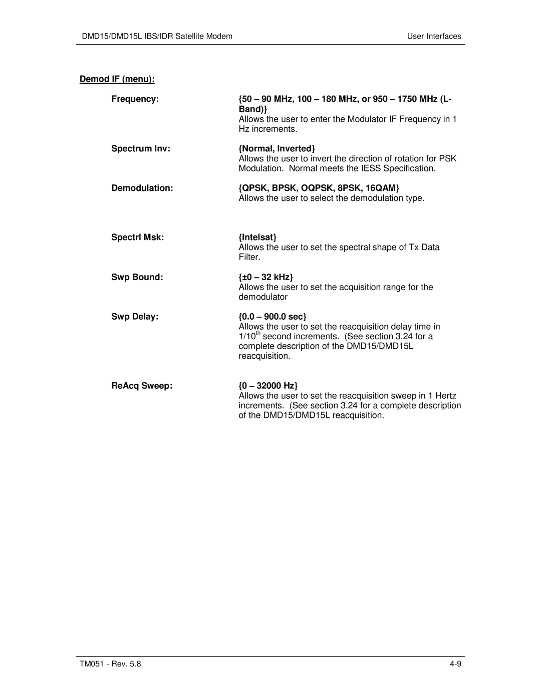 Paradyne DMD15L operation manual Demodulation, Swp Bound ±0 32 kHz, Swp Delay 900.0 sec, ReAcq Sweep 32000 Hz 