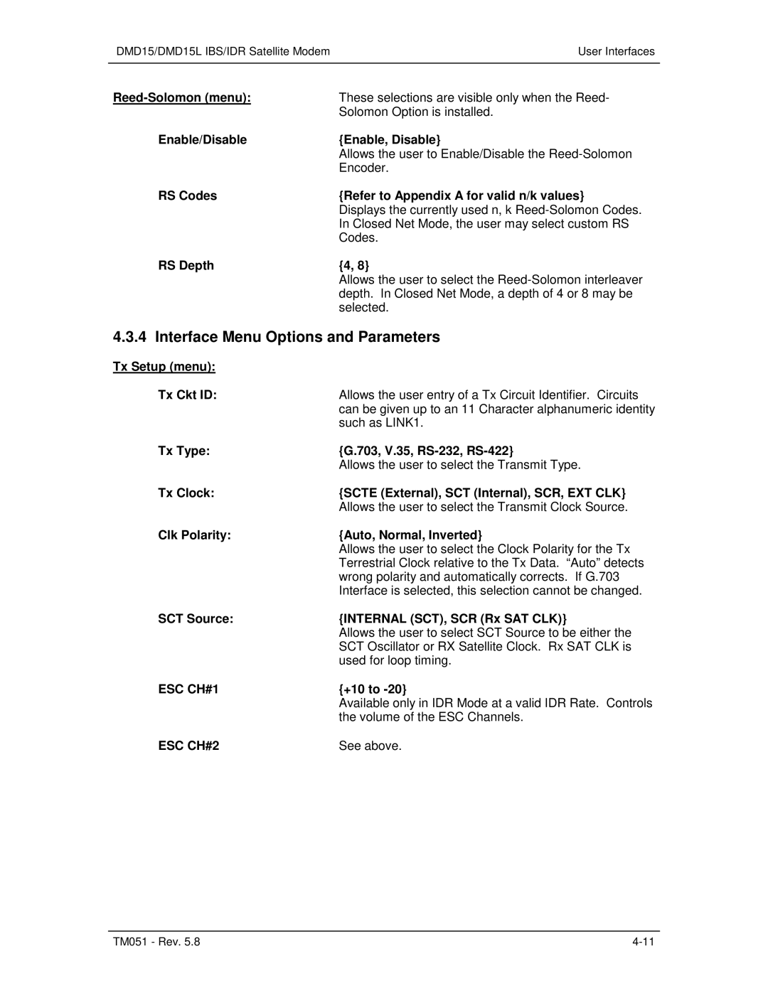 Paradyne DMD15L operation manual Interface Menu Options and Parameters, ESC CH#1, ESC CH#2 