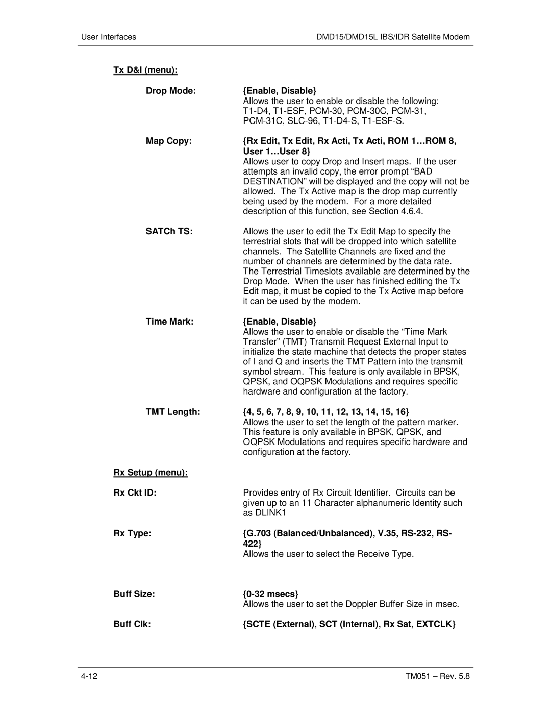 Paradyne DMD15L operation manual Tx D&I menu Drop Mode Enable, Disable, SATCh TS, Time Mark Enable, Disable 