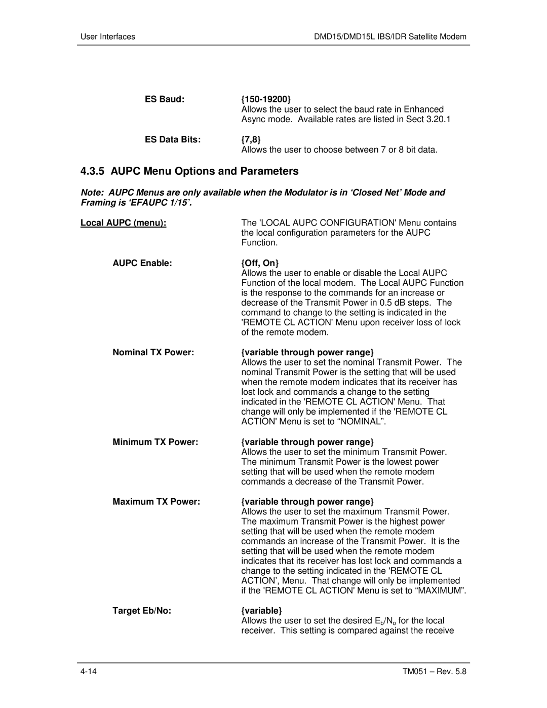 Paradyne DMD15L operation manual Aupc Menu Options and Parameters 