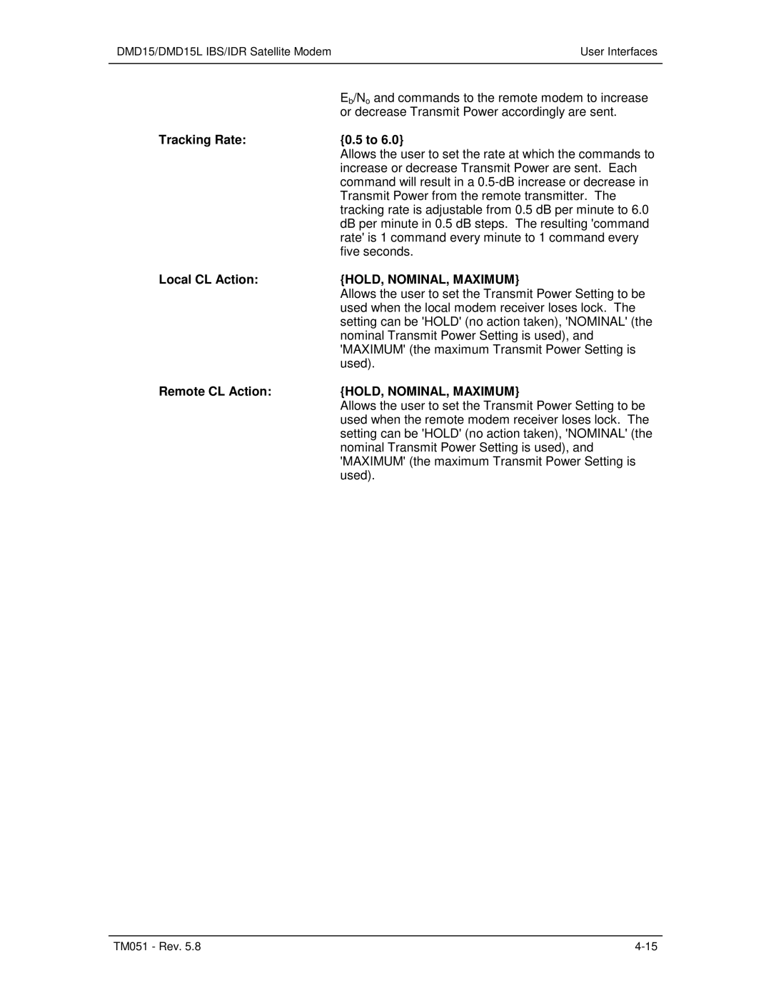 Paradyne DMD15L operation manual Tracking Rate, Local CL Action, HOLD, NOMINAL, Maximum, Remote CL Action 