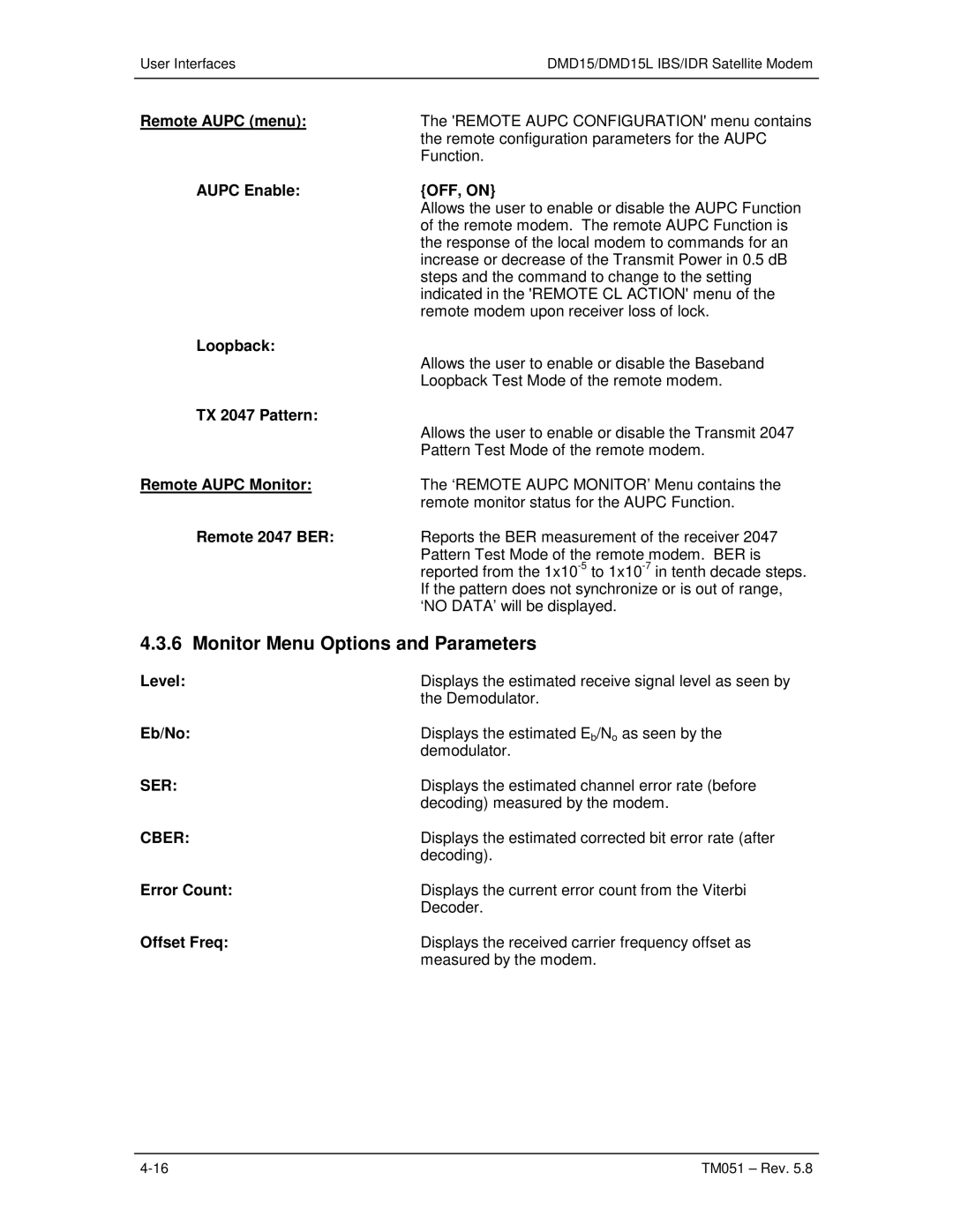 Paradyne DMD15L operation manual Monitor Menu Options and Parameters, OFF, on, Ser, Cber 