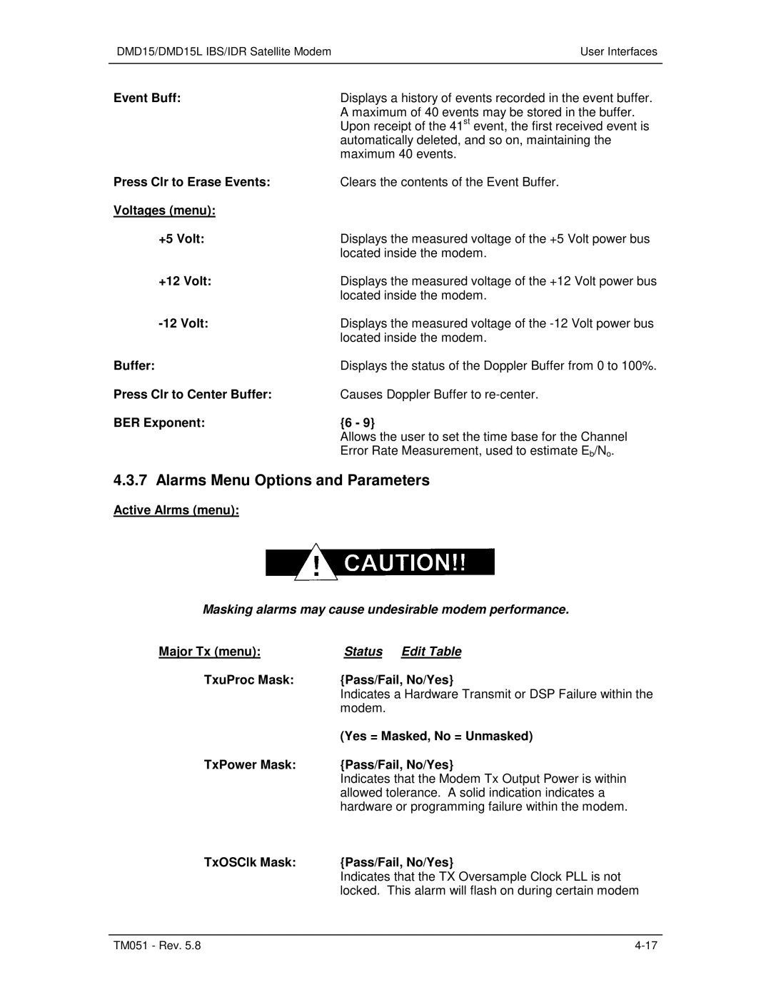 Paradyne DMD15L operation manual Alarms Menu Options and Parameters 