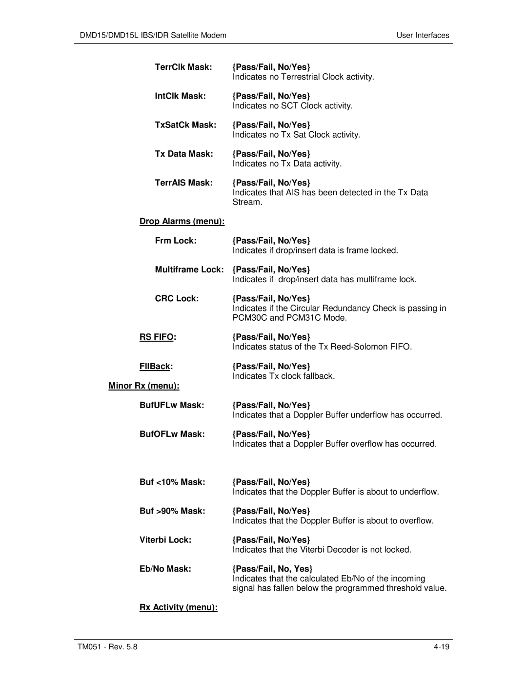 Paradyne DMD15L operation manual RS Fifo, Indicates status of the Tx Reed-Solomon Fifo 