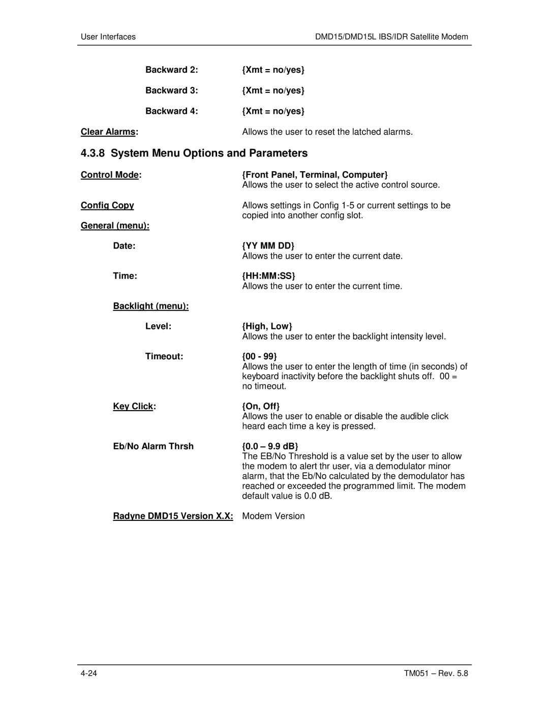 Paradyne DMD15L operation manual System Menu Options and Parameters, Yy Mm Dd, Hhmmss 