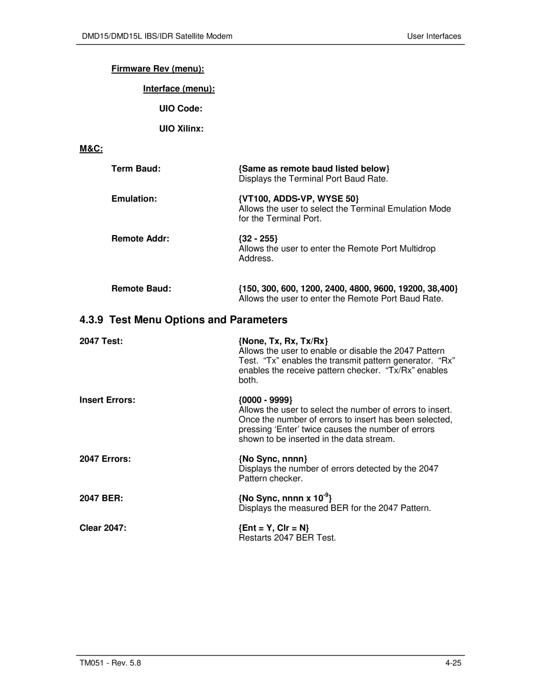 Paradyne DMD15L operation manual Test Menu Options and Parameters 