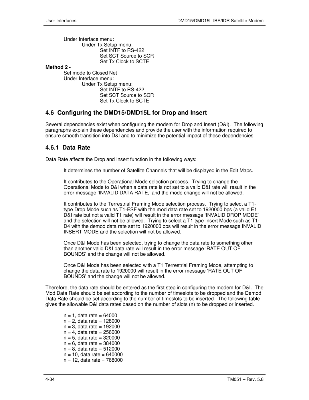 Paradyne operation manual Configuring the DMD15/DMD15L for Drop and Insert, Data Rate 