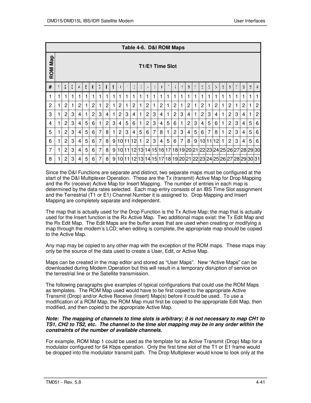 Paradyne DMD15L operation manual D&I ROM Maps T1/E1 Time Slot, Rom 