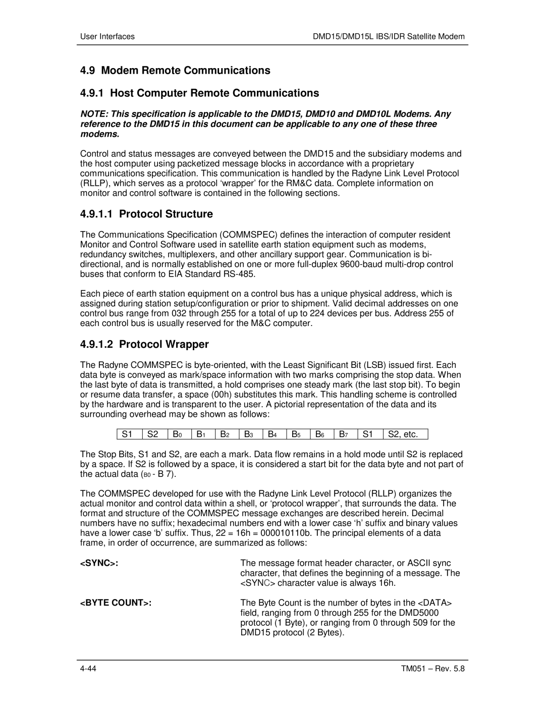 Paradyne DMD15L operation manual Protocol Structure, Protocol Wrapper, Sync, Byte Count 