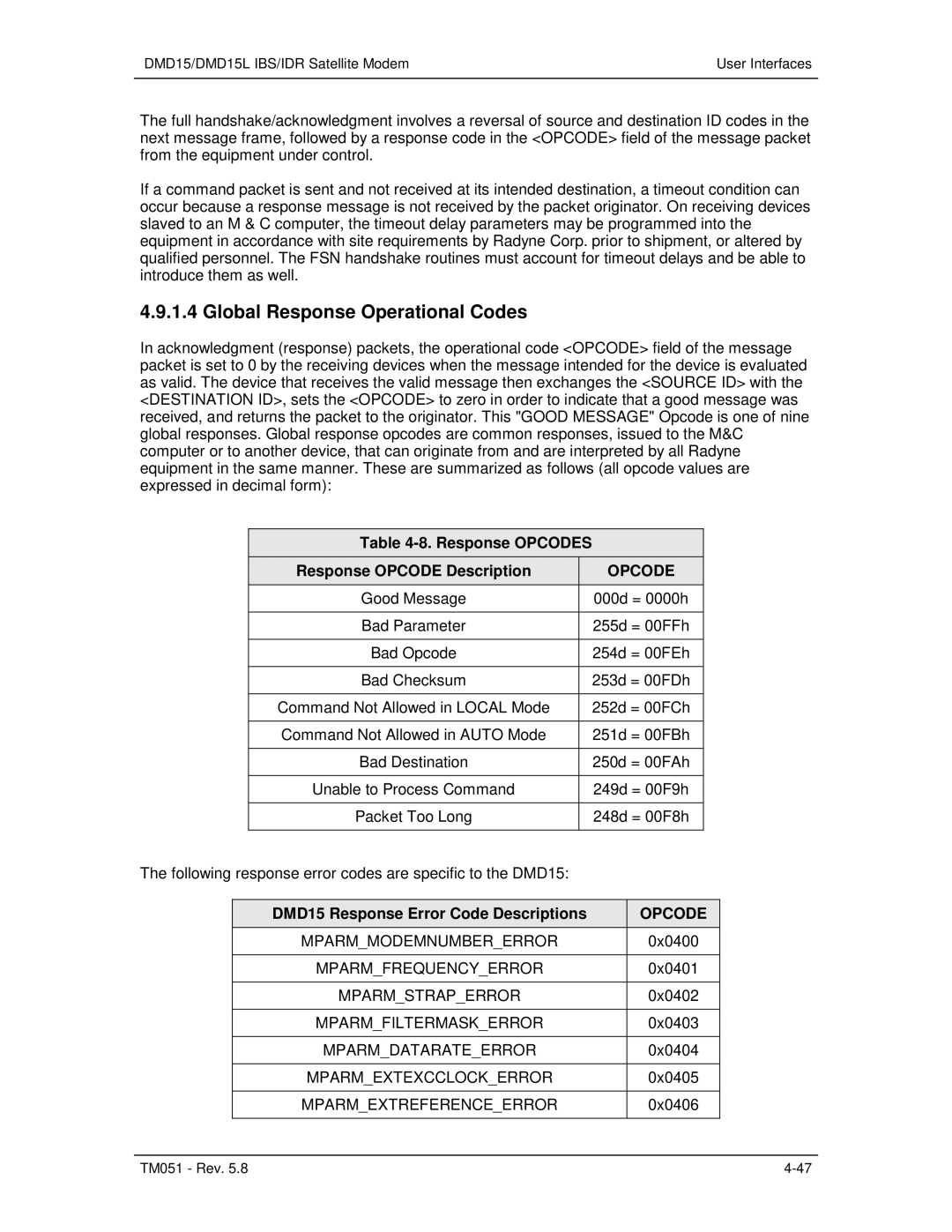 Paradyne DMD15L operation manual Global Response Operational Codes, Response Opcodes Response Opcode Description 