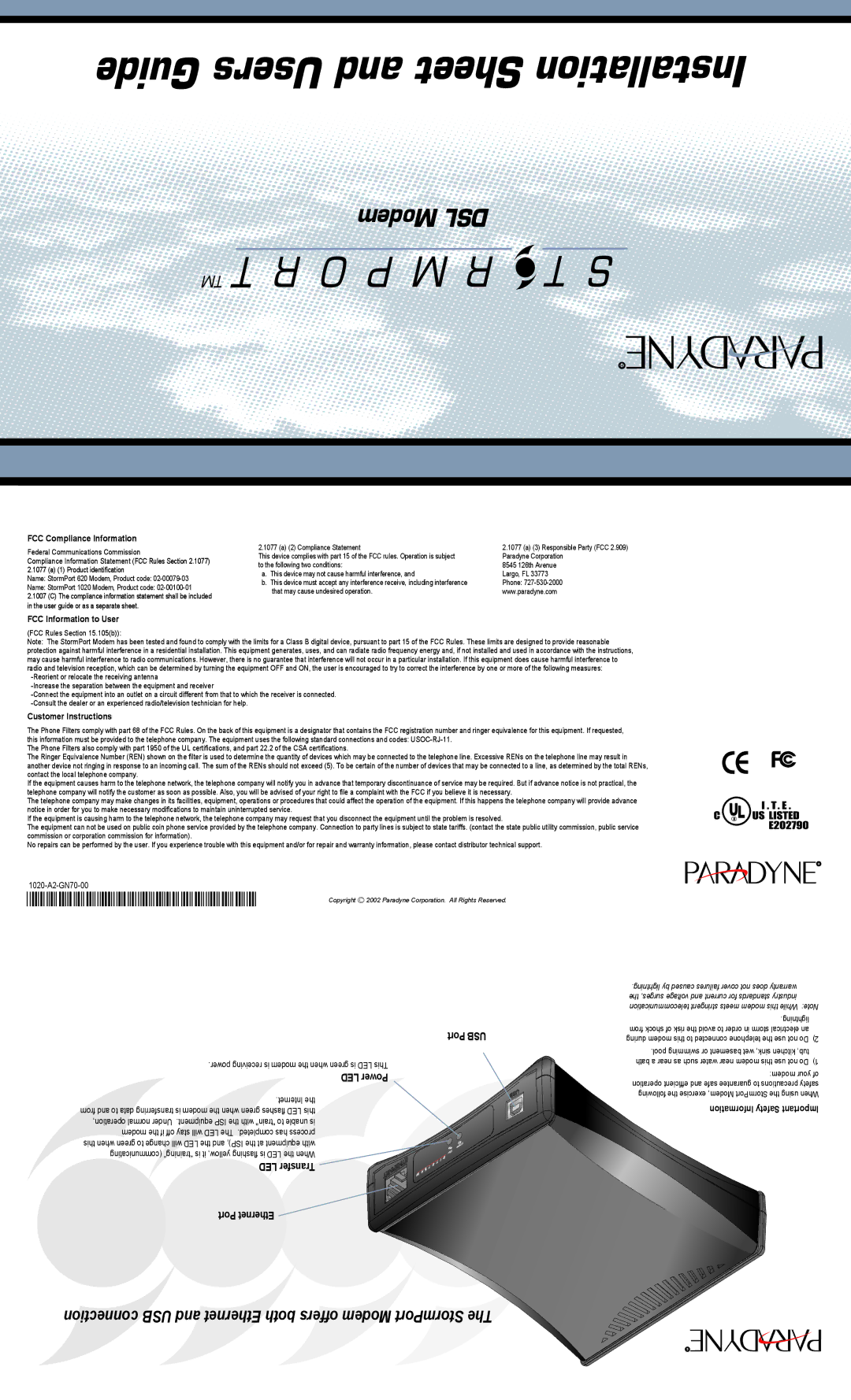 Paradyne DSL Modem warranty EiduG sersU dna eethS onilatalstnI, P M R, 1020-A2-GN70-00, Port USB, Port Ethernet 