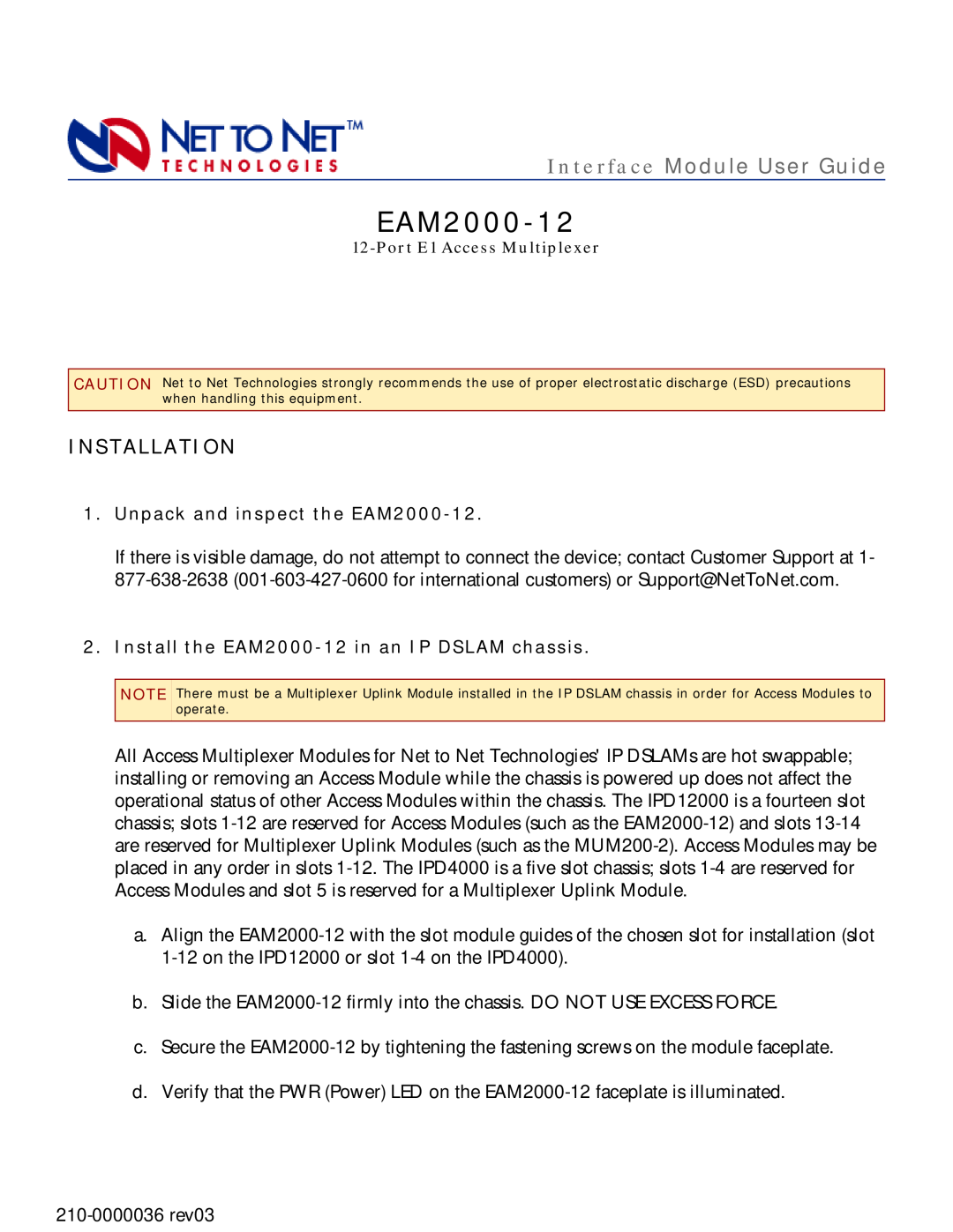 Paradyne EAM2000-12 manual Installation, Interface Module User Guide 