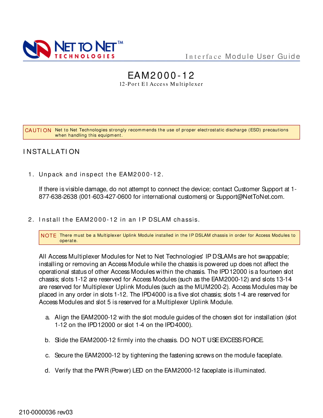 Paradyne EAM2000-12 manual Installation 