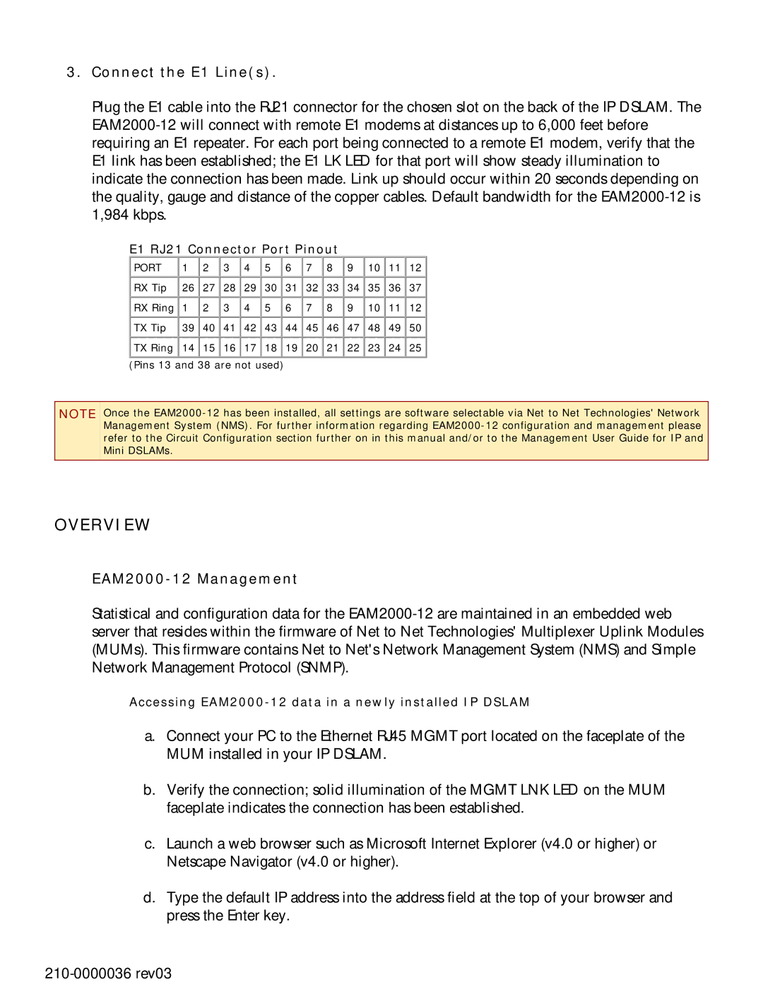 Paradyne manual Overview, E1 RJ21 Connector Port Pinout, Accessing EAM2000-12 data in a newly installed IP Dslam 