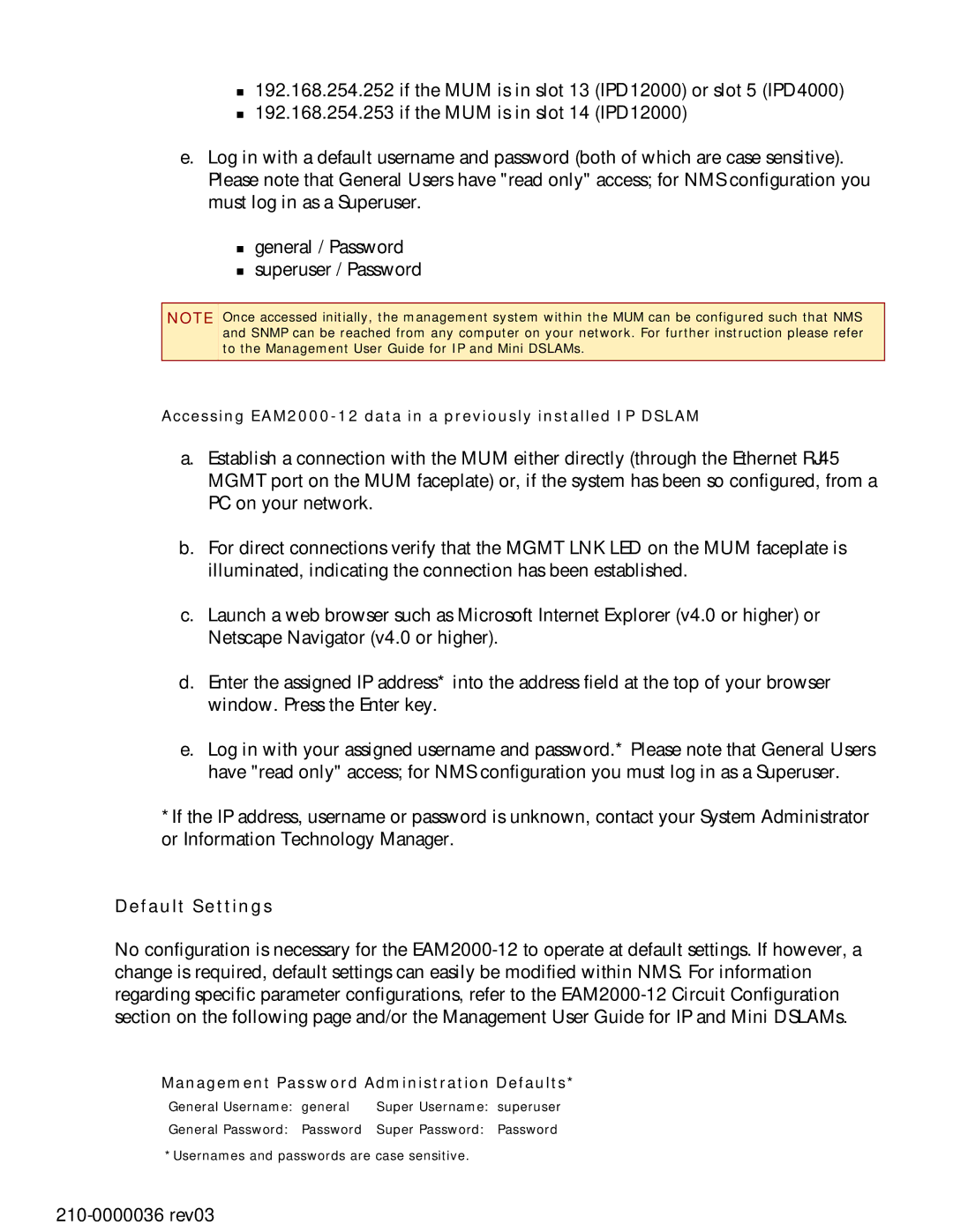 Paradyne Accessing EAM2000-12 data in a previously installed IP Dslam, Management Password Administration Defaults 