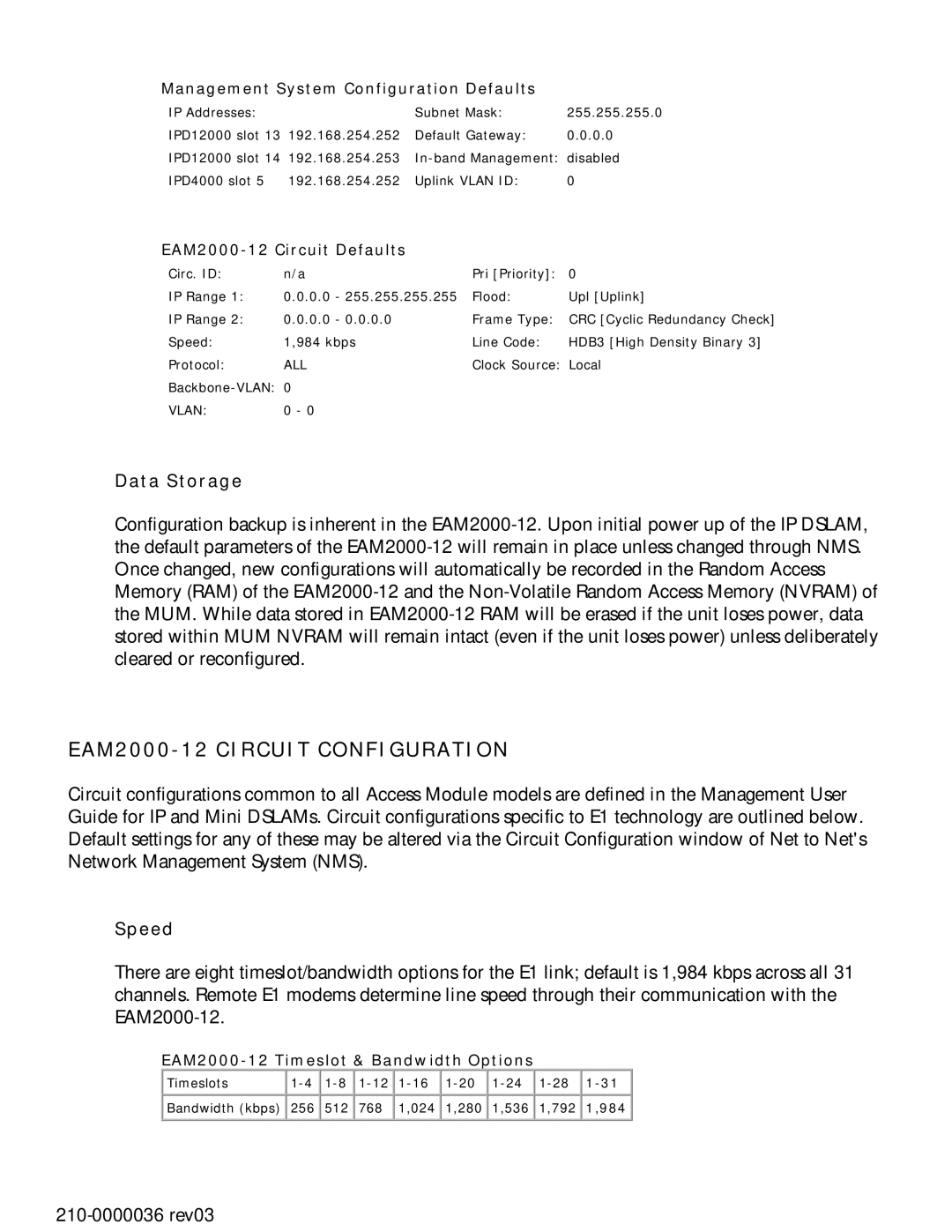 Paradyne manual EAM2000-12 Circuit Configuration, Management System Configuration Defaults, EAM2000-12 Circuit Defaults 