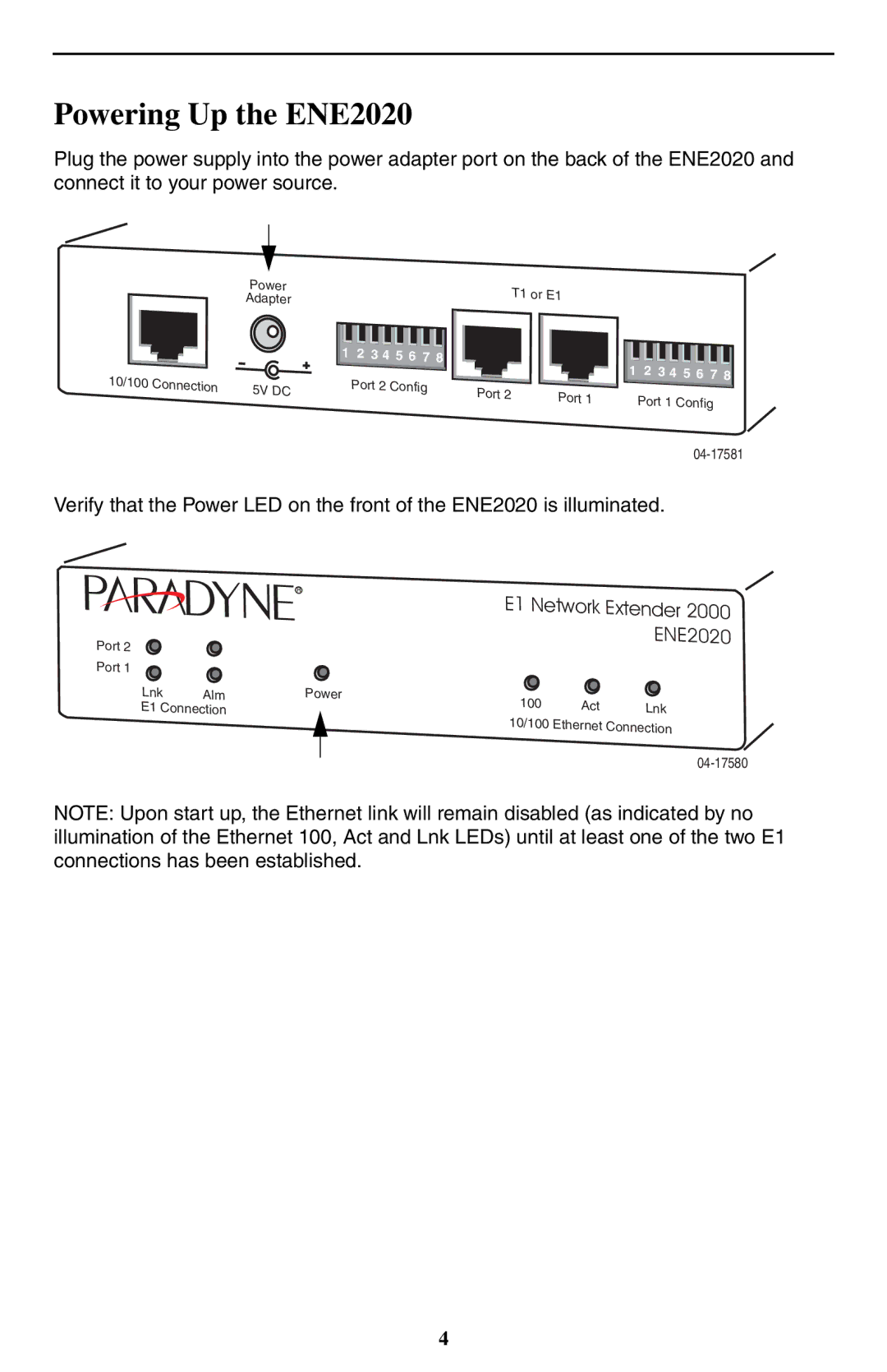 Paradyne ENE2020-P installation instructions Powering Up the ENE2020 