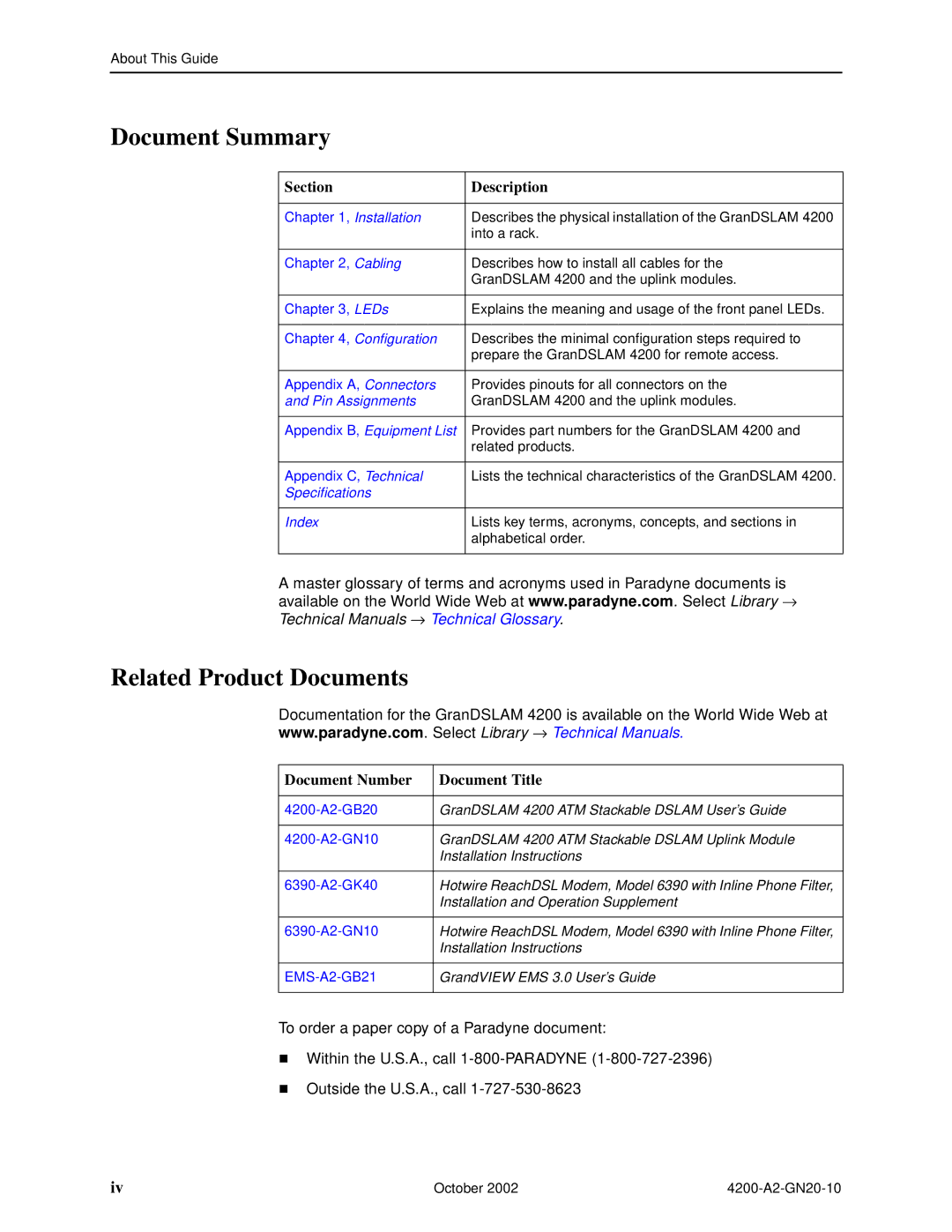 Paradyne GranDSLAM 4200 manual Document Summary, Related Product Documents 