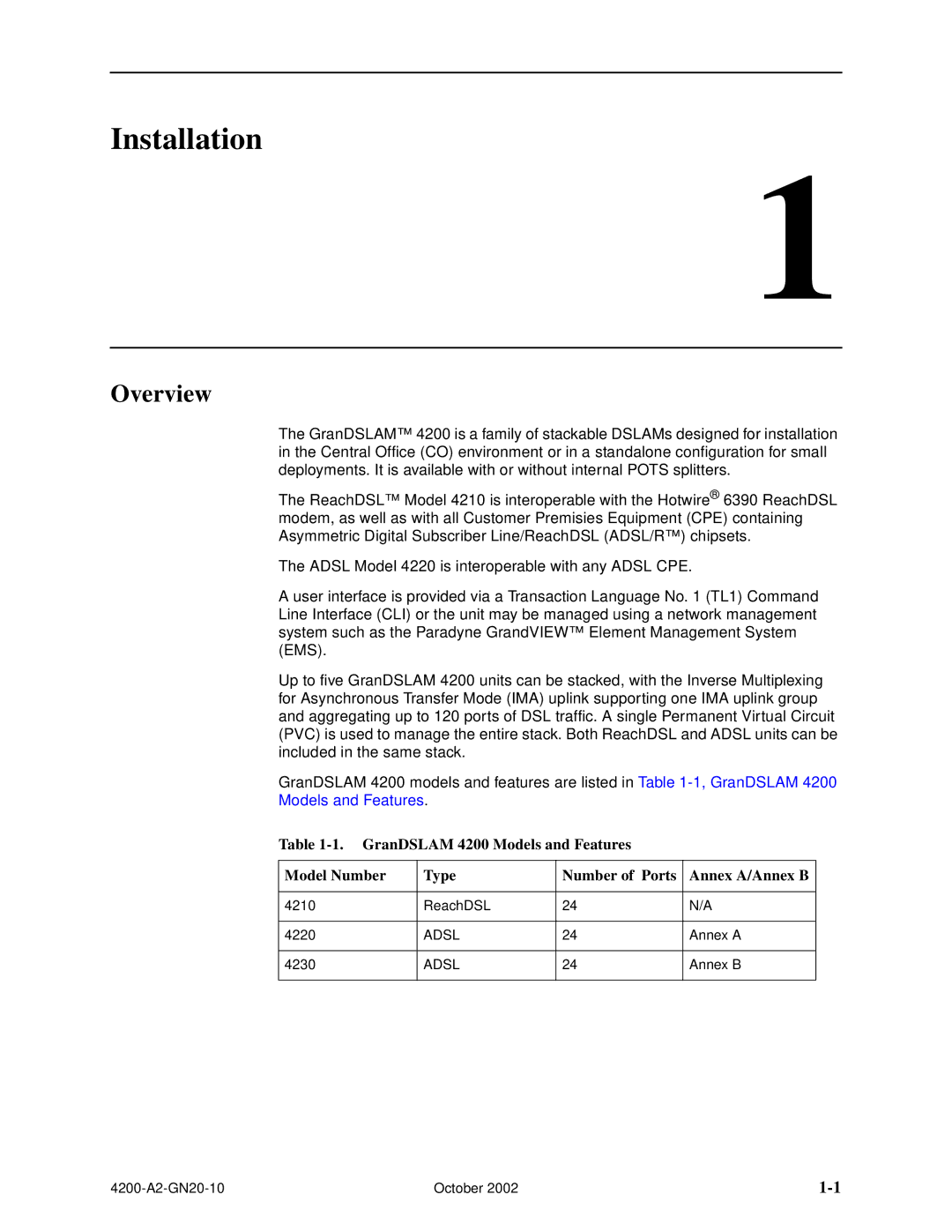 Paradyne GranDSLAM 4200 manual Installation, Overview 