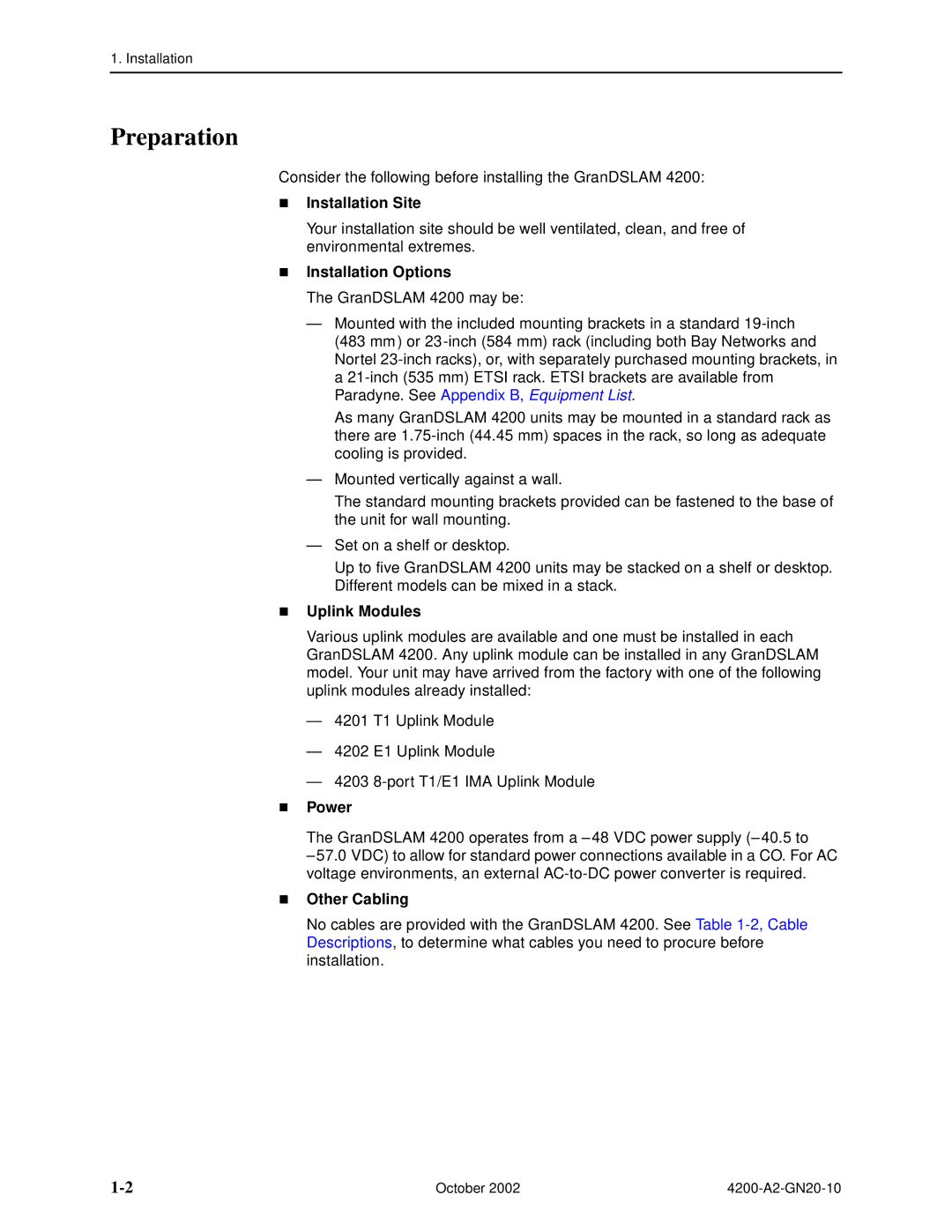 Paradyne GranDSLAM 4200 manual Preparation, Installation Site 