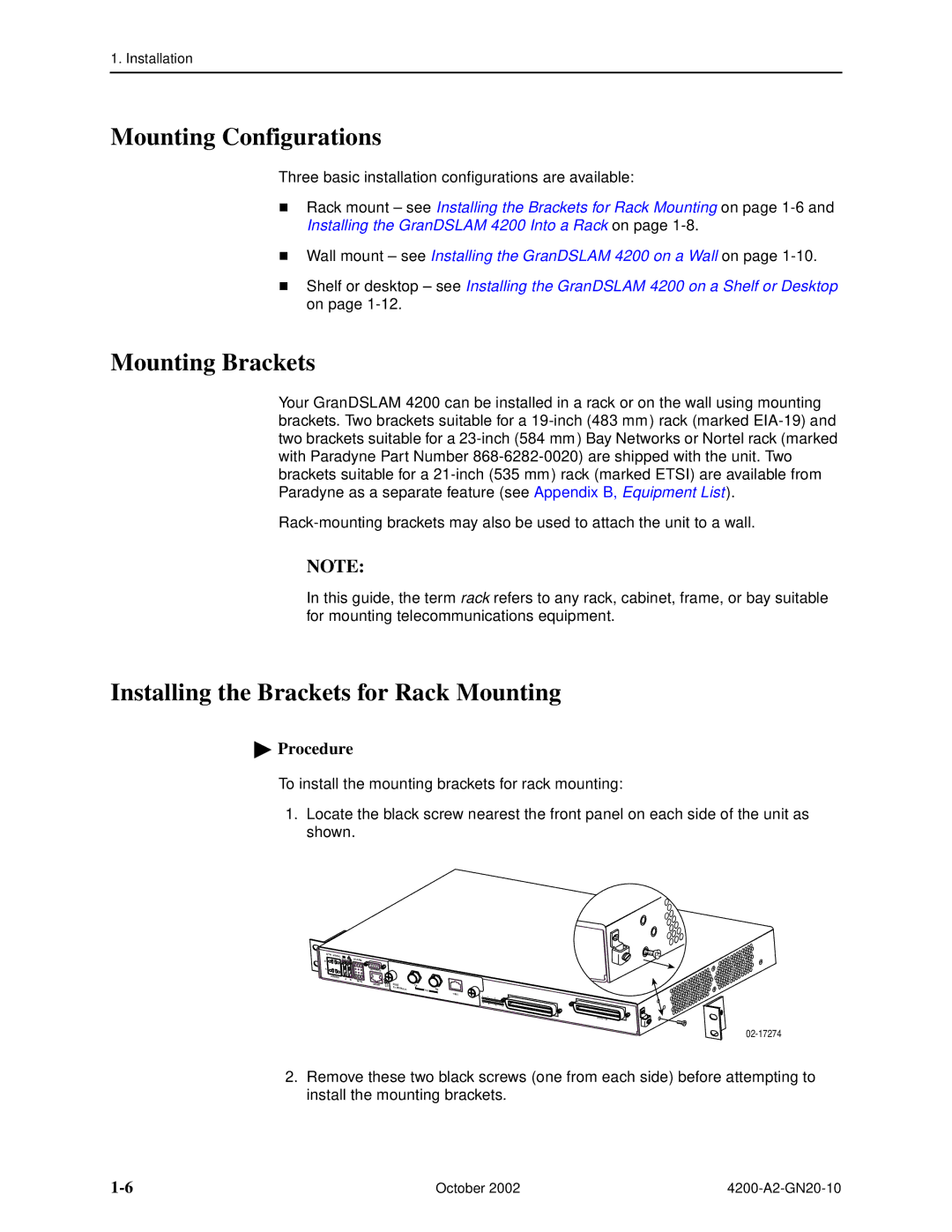 Paradyne GranDSLAM 4200 manual Mounting Configurations, Mounting Brackets, Installing the Brackets for Rack Mounting 