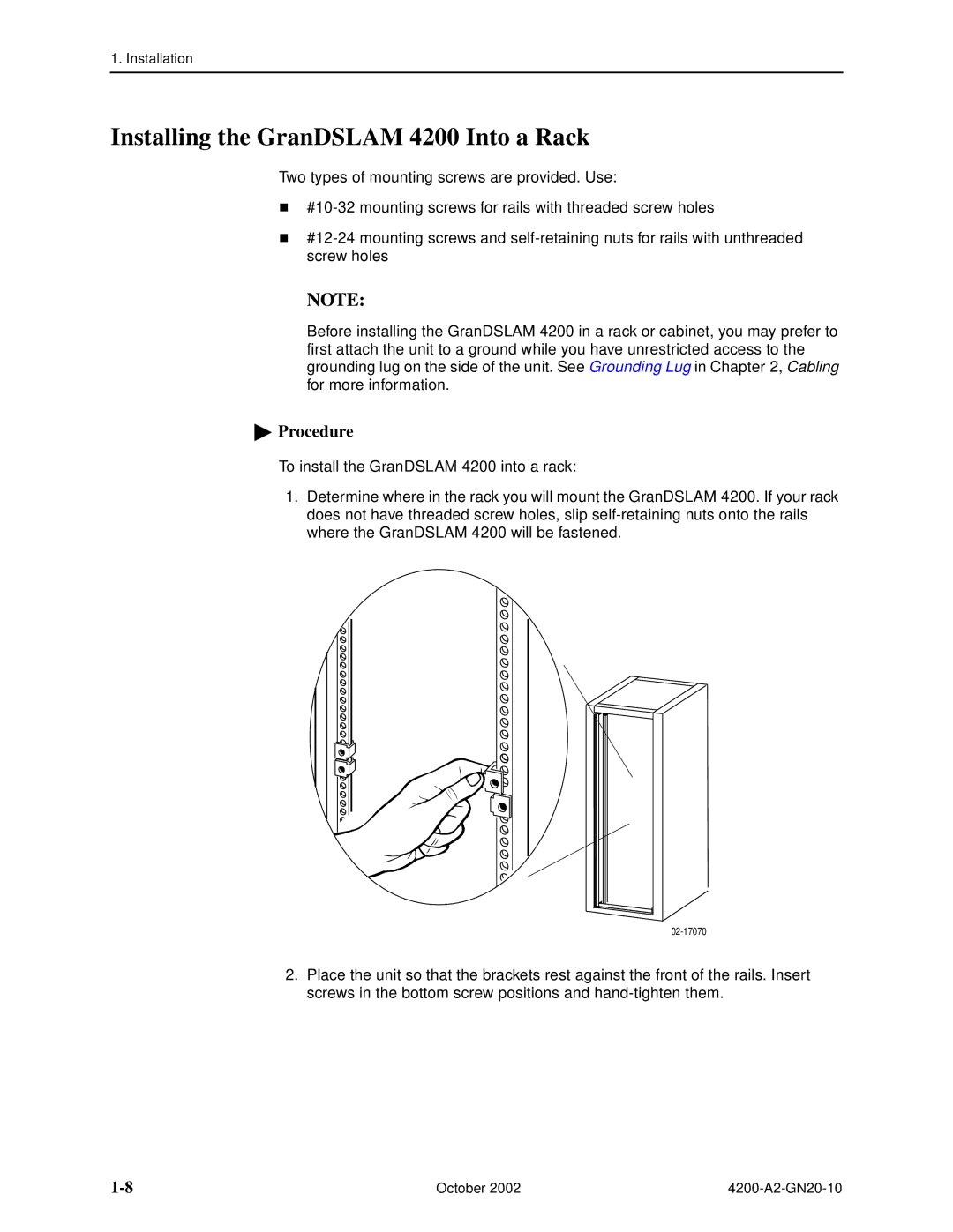 Paradyne manual Installing the GranDSLAM 4200 Into a Rack 