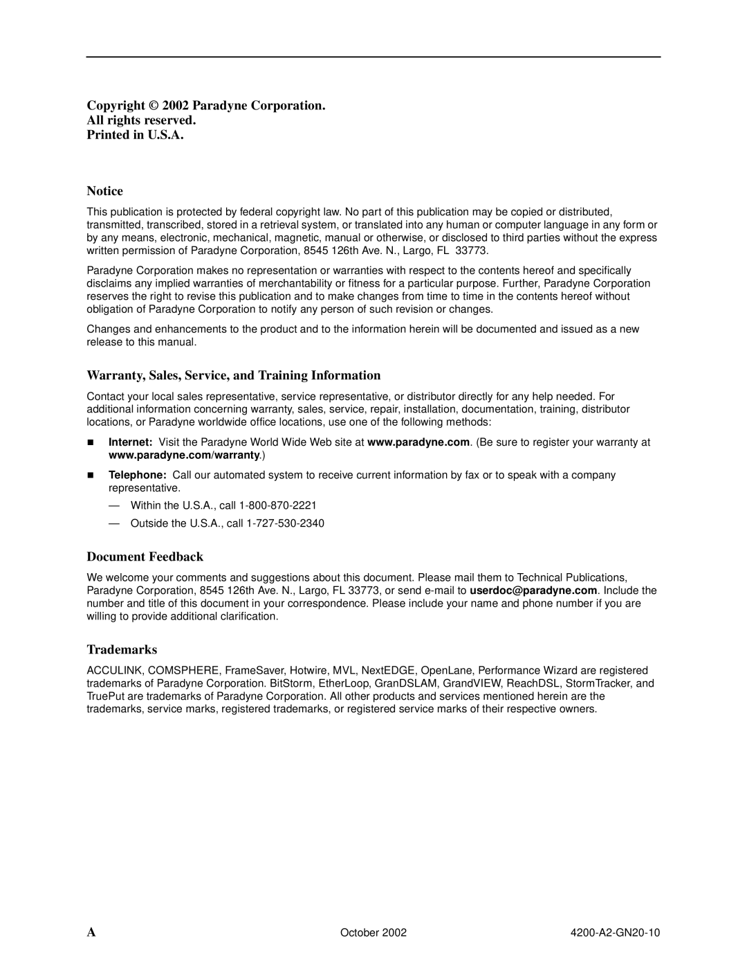 Paradyne GranDSLAM 4200 manual Copyright 2002 Paradyne Corporation All rights reserved 